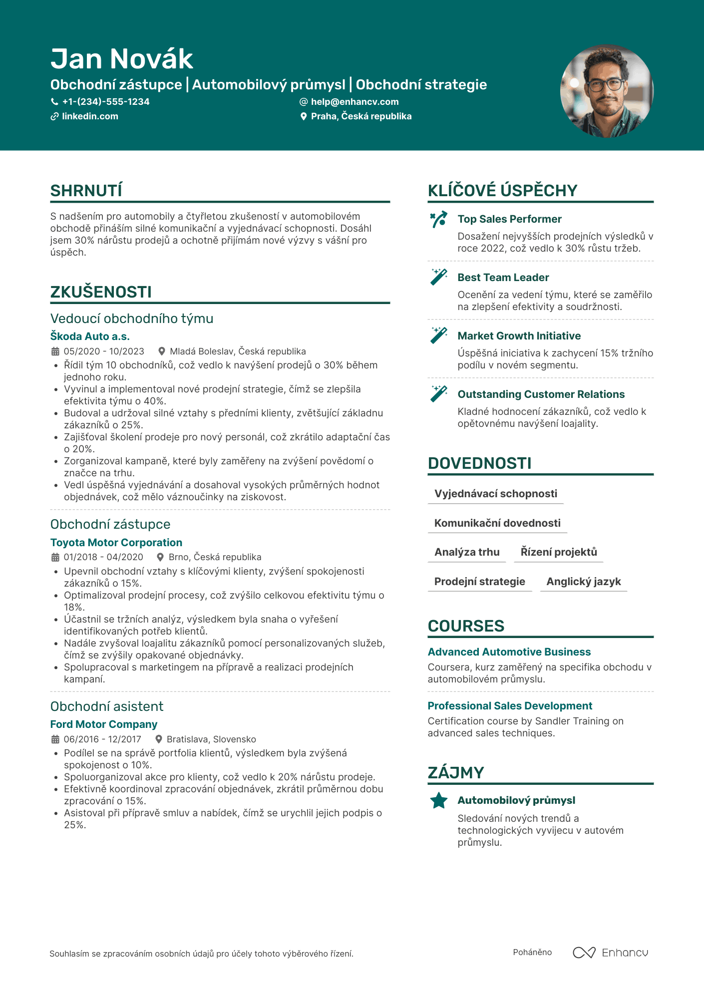 Životopis pro Obchodní zástupce pro automobilový průmysl Resume Example