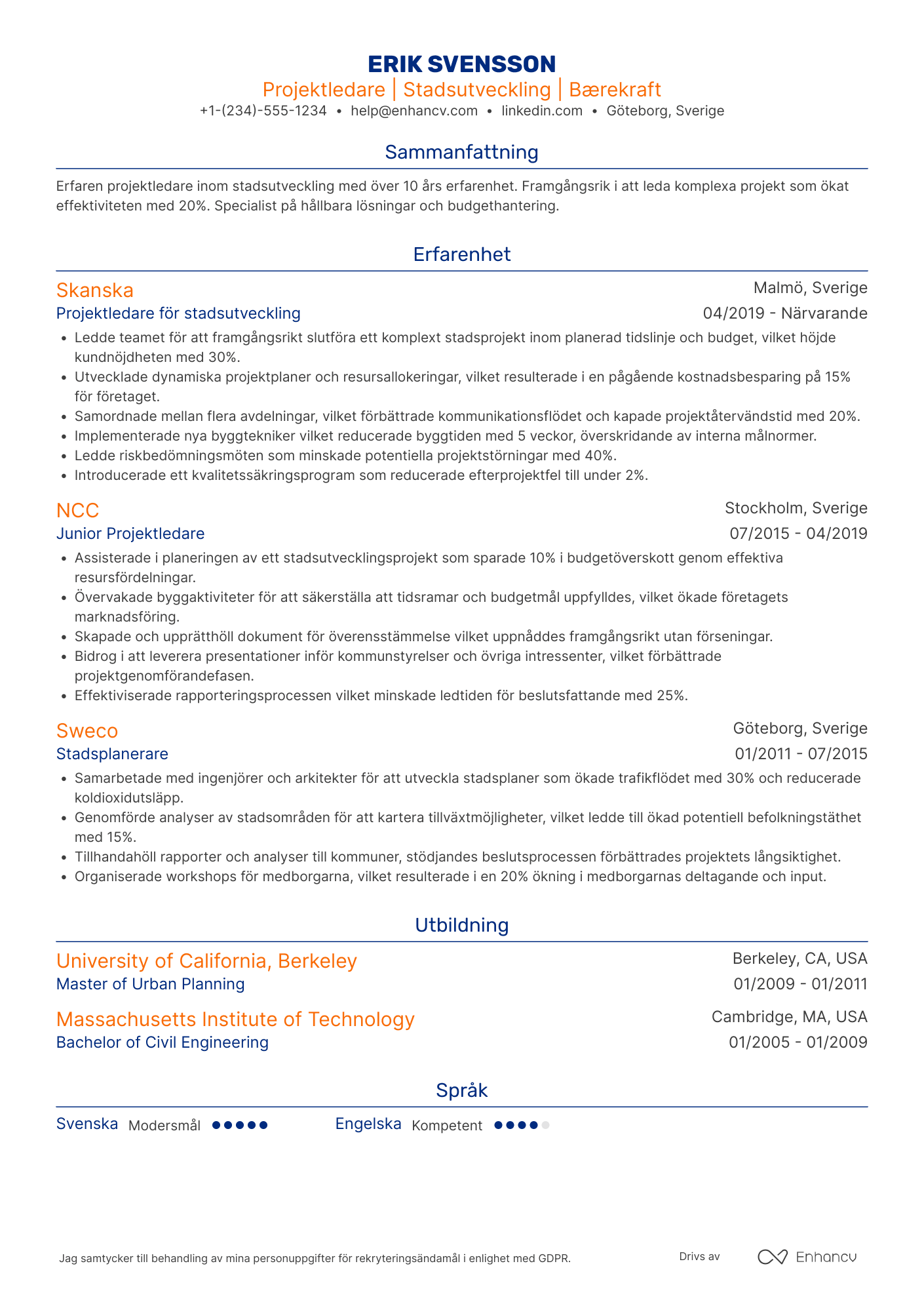 CV för Projektledare för stadsutveckling Resume Example