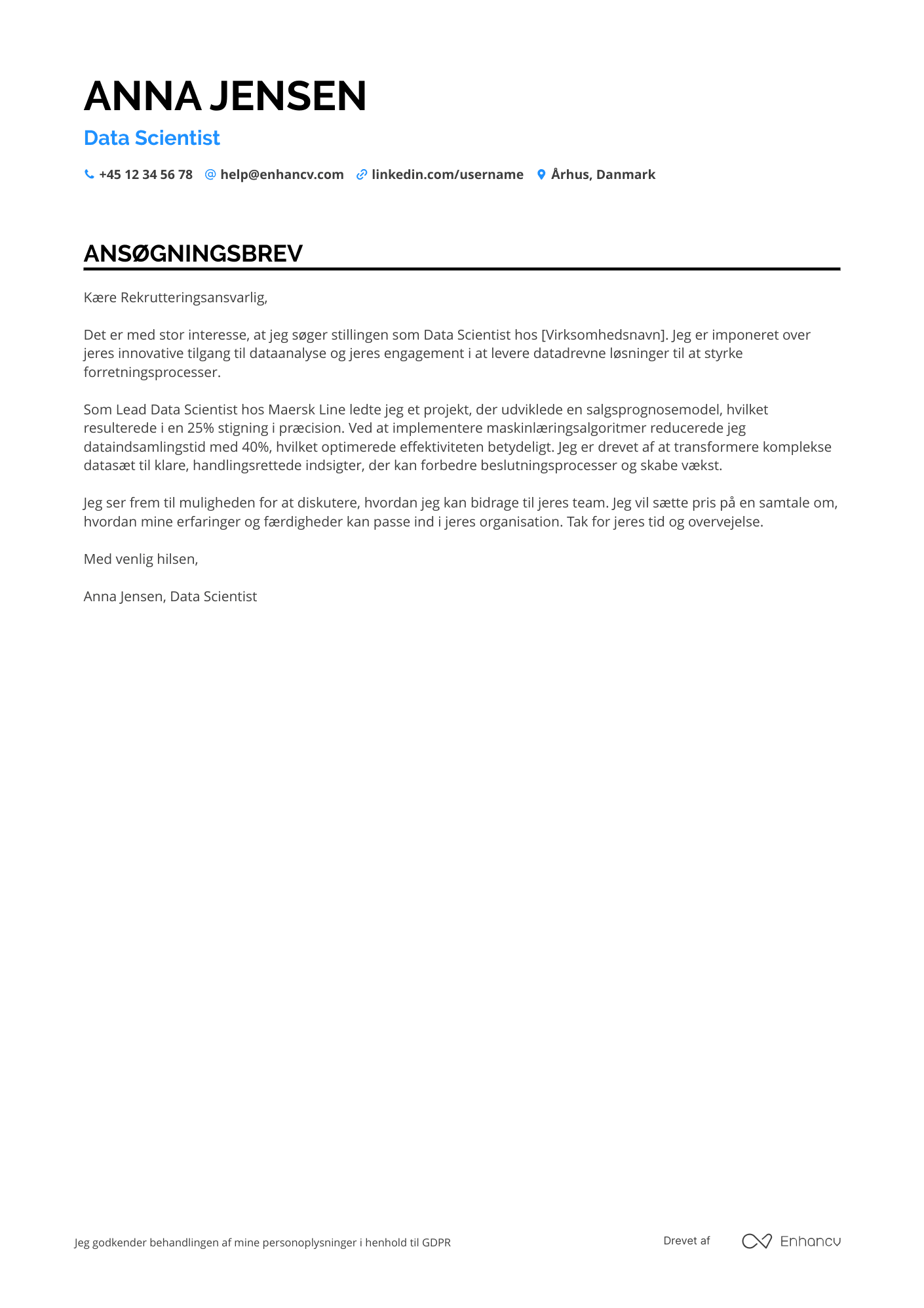 Ansøgningsbrev til Data Scientist inden for detailhandel Resume Example