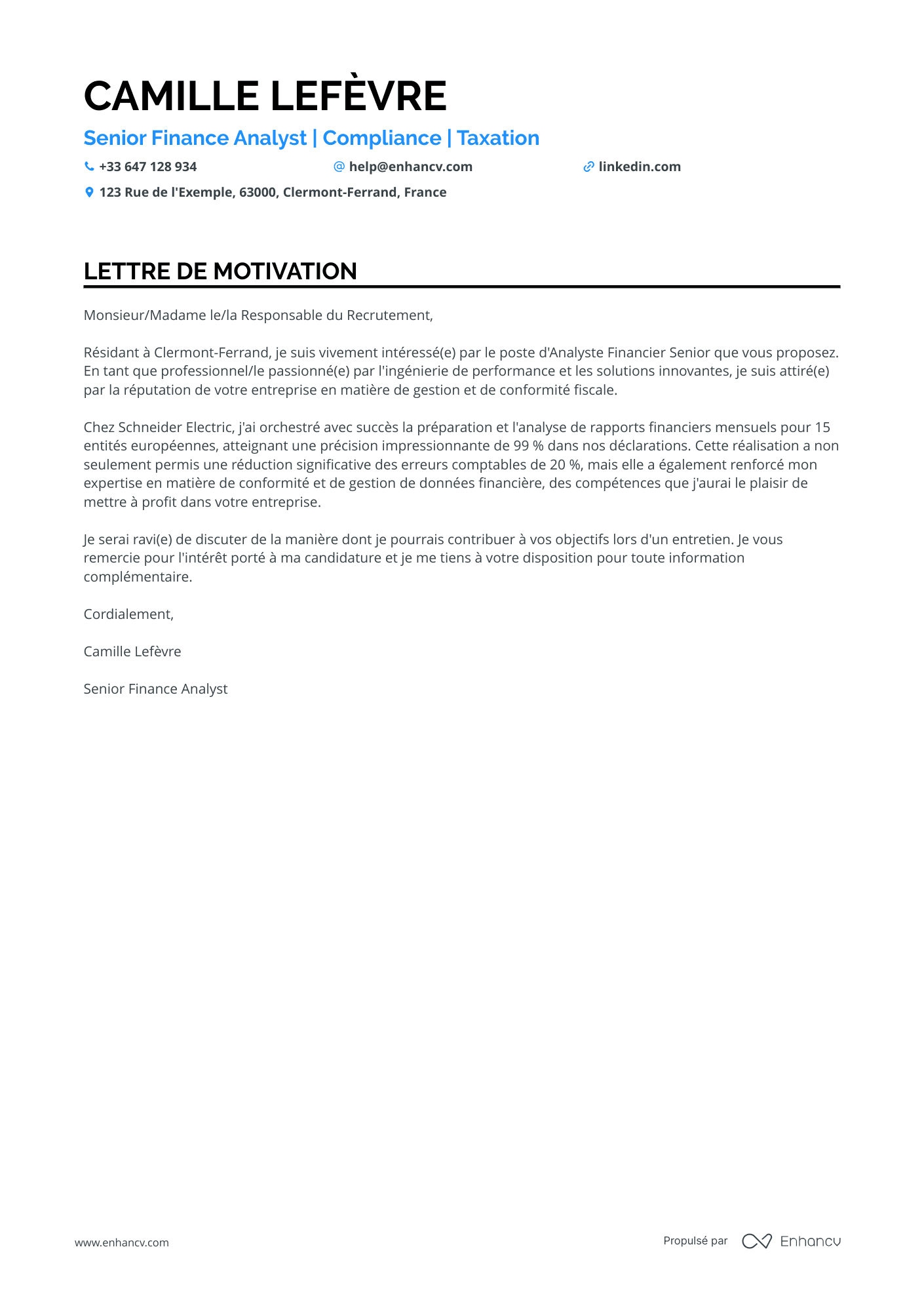 Analyste Financier Senior Resume Example