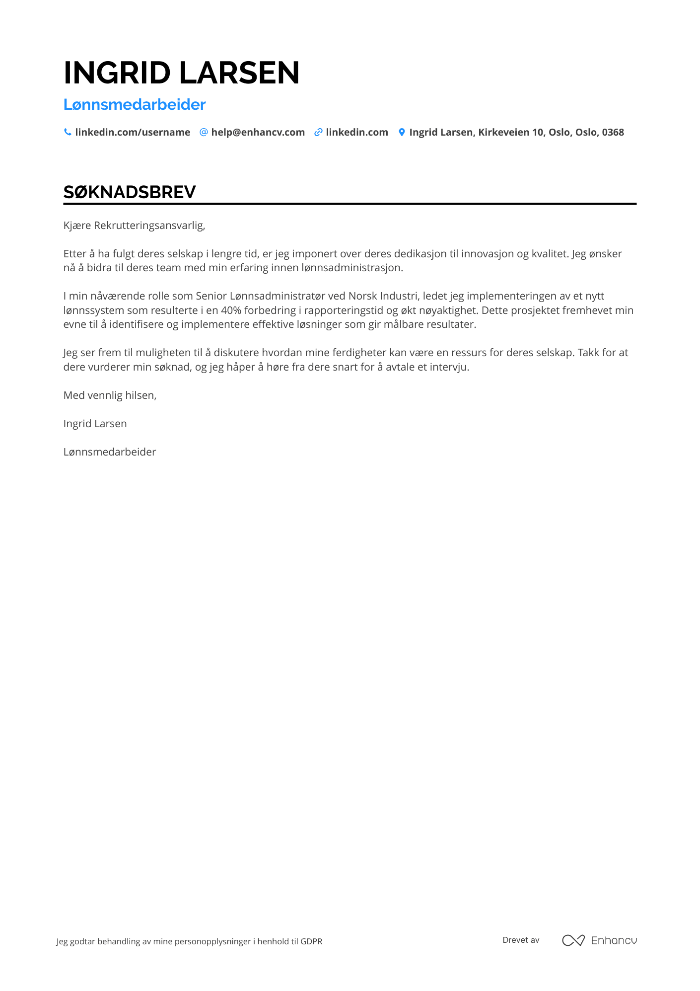 Søknadsbrev for Industriell Lønnsmedarbeider Resume Example