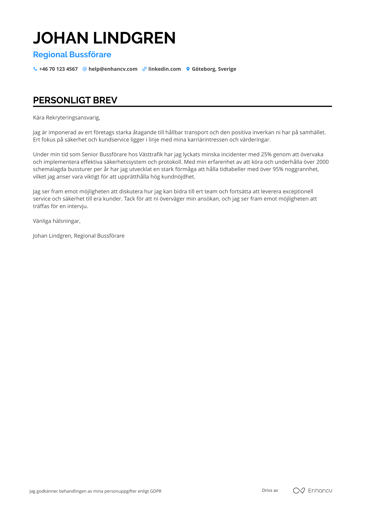 Personligt brev för Regional Bussförare Resume Example