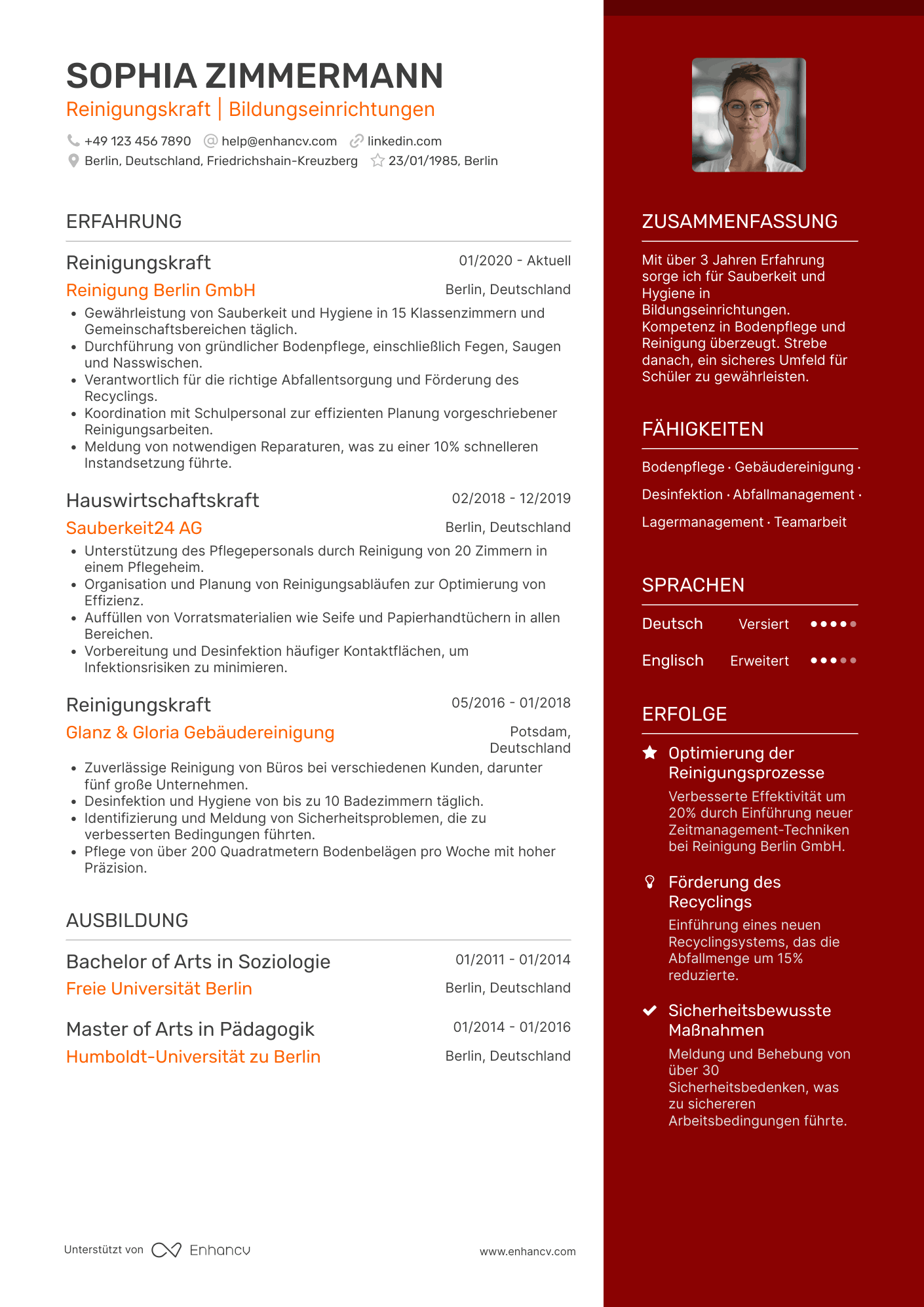 Lebenslauf als Reinigungskraft für Schulen Resume Example