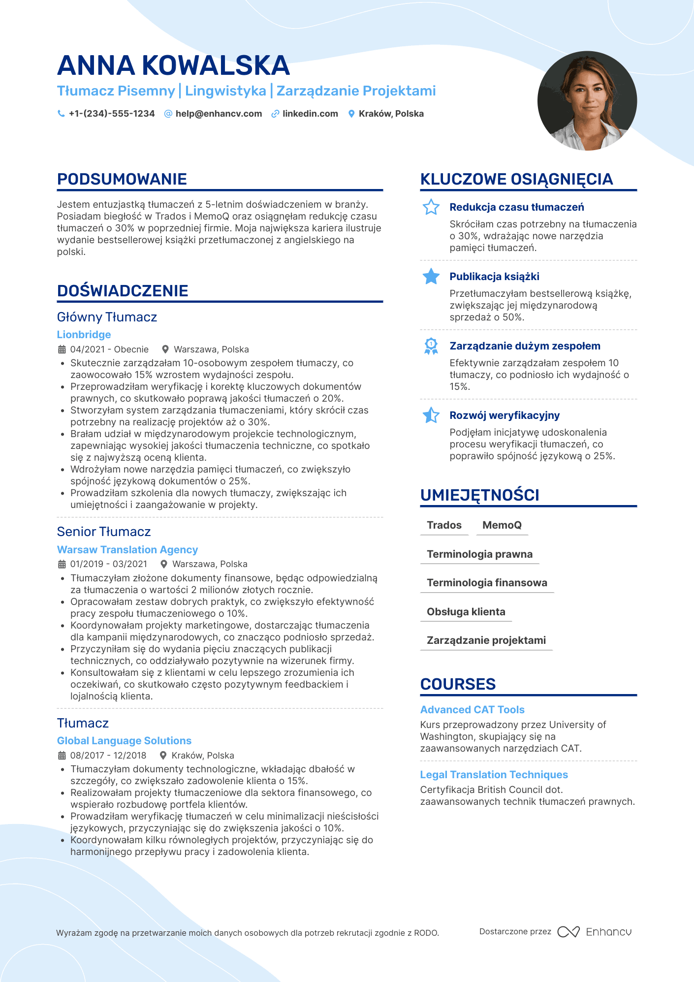 CV dla Tłumacz Pisemny Resume Example