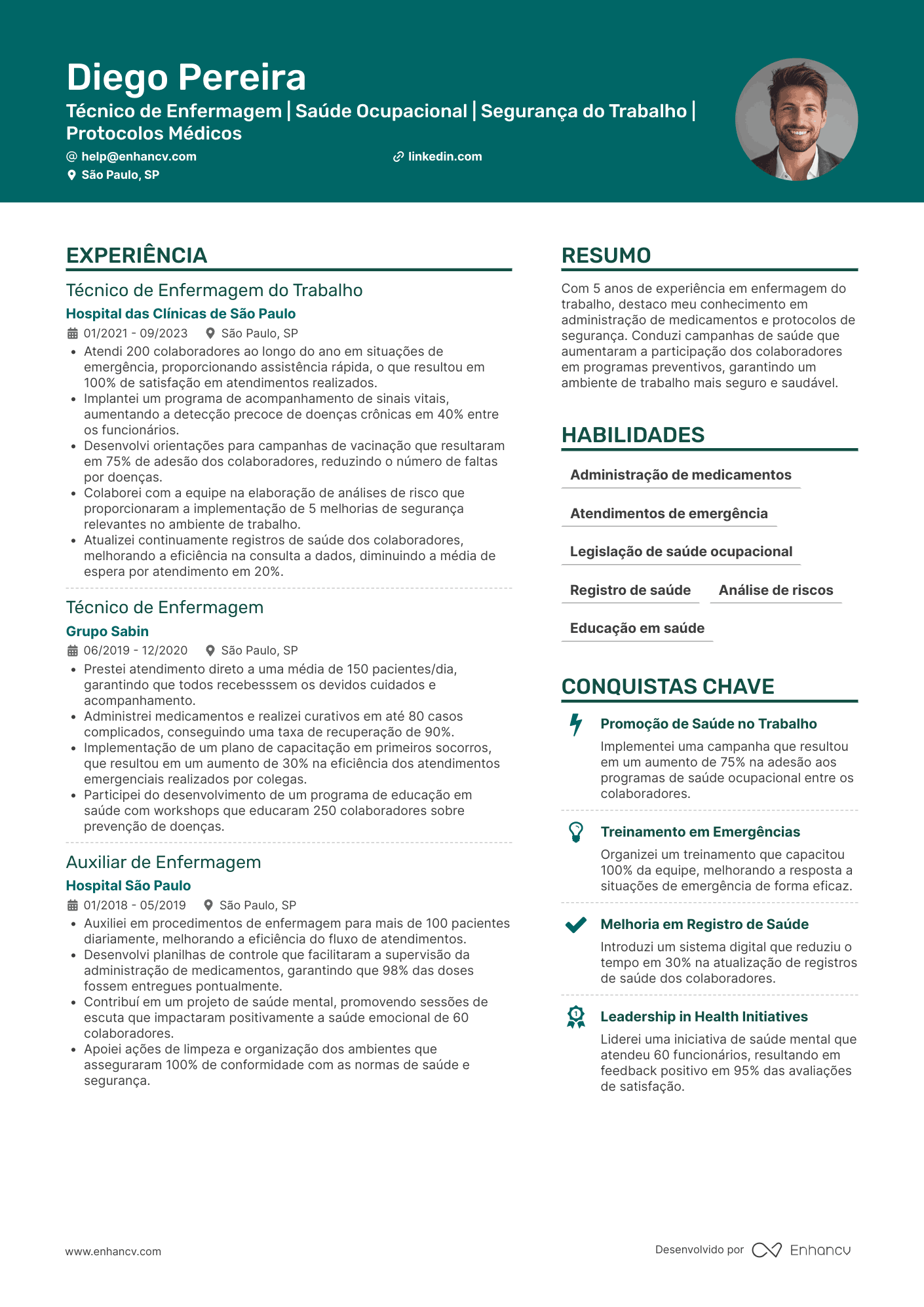 Técnico de enfermagem do trabalho Resume Example