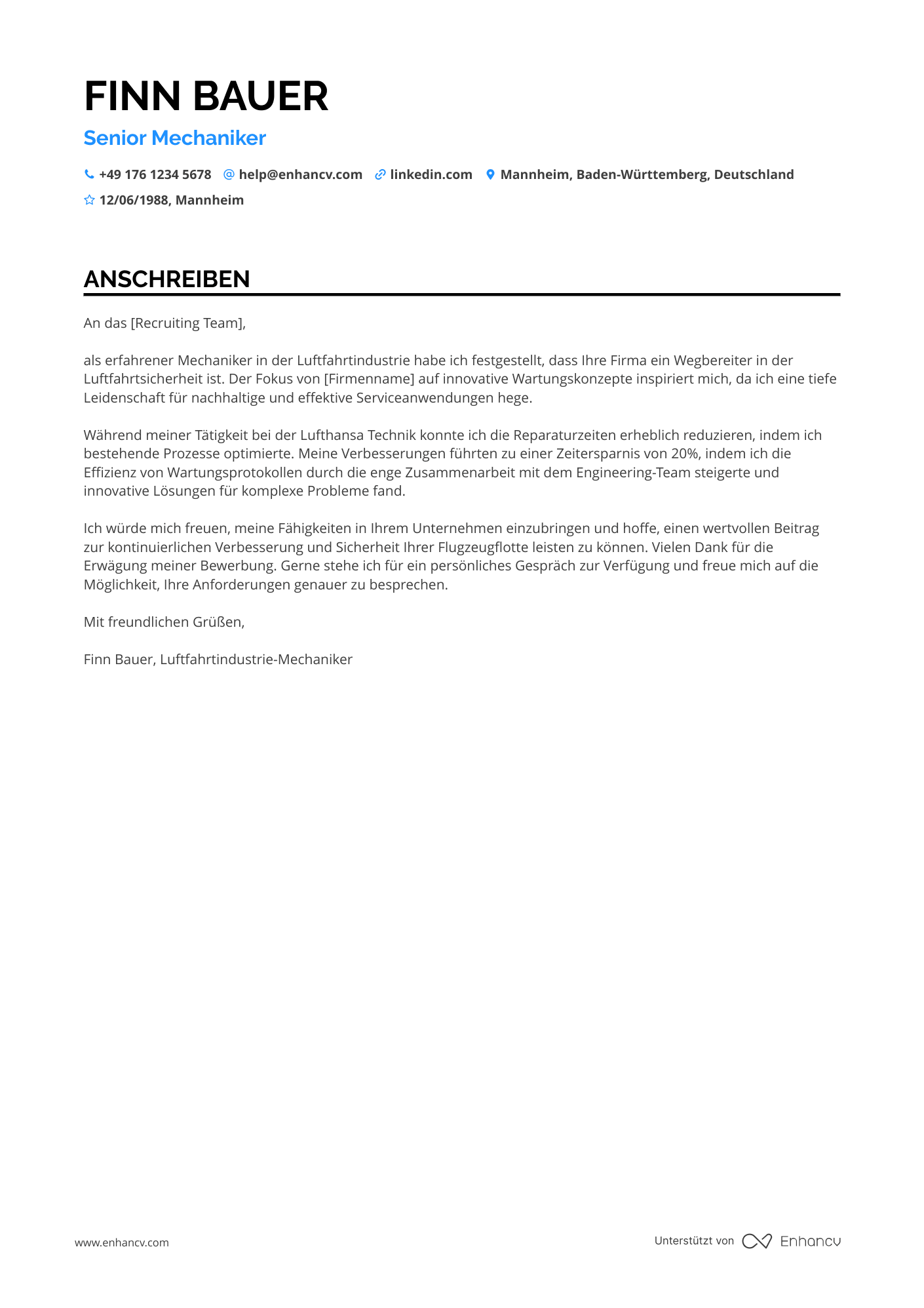 Luftfahrtindustrie Mechaniker Resume Example