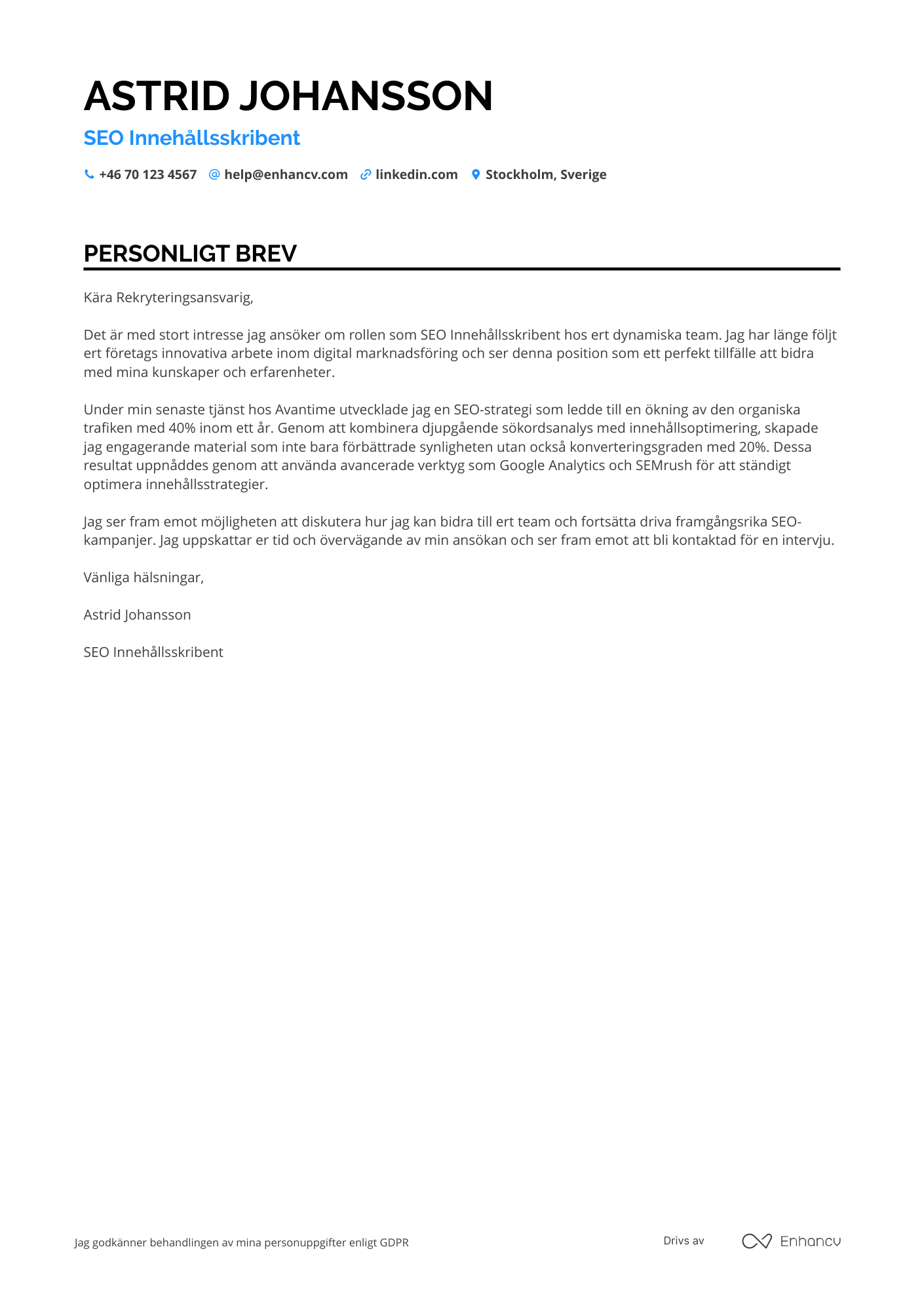 Personligt brev för SEO Innehållsskribent Resume Example