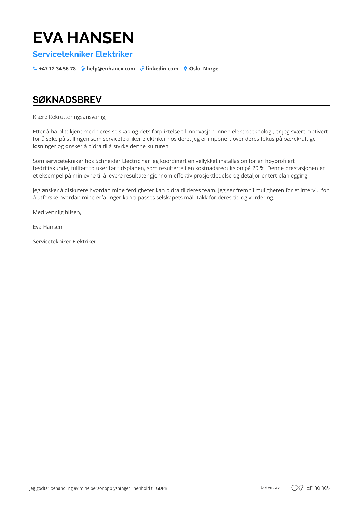 Søknadsbrev for Servicetekniker Elektriker Resume Example