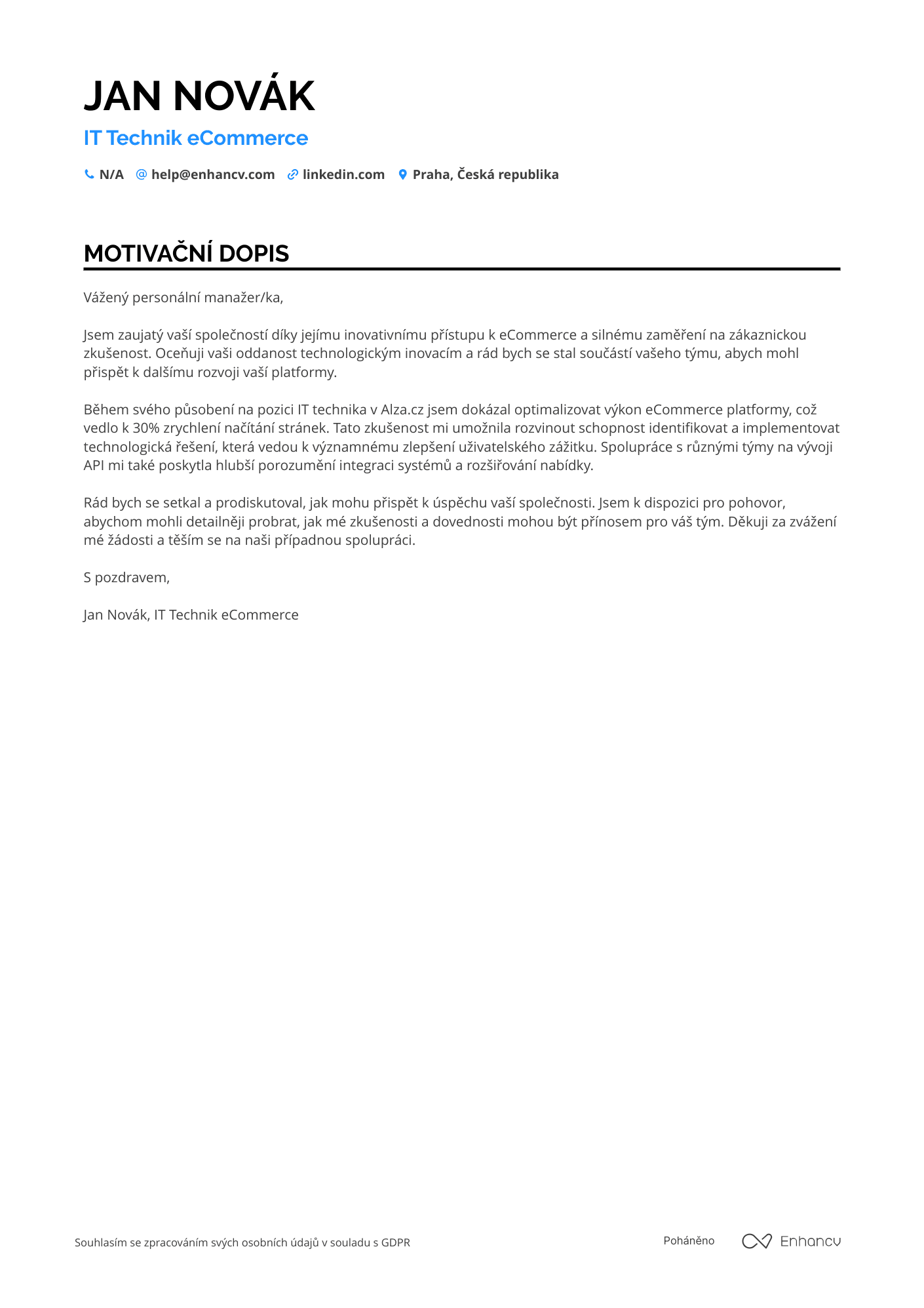 Motivační dopis pro IT Technik eCommerce Resume Example