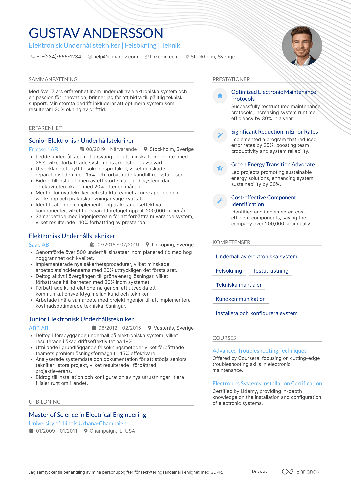 CV för Elektronisk Underhållstekniker Resume Example