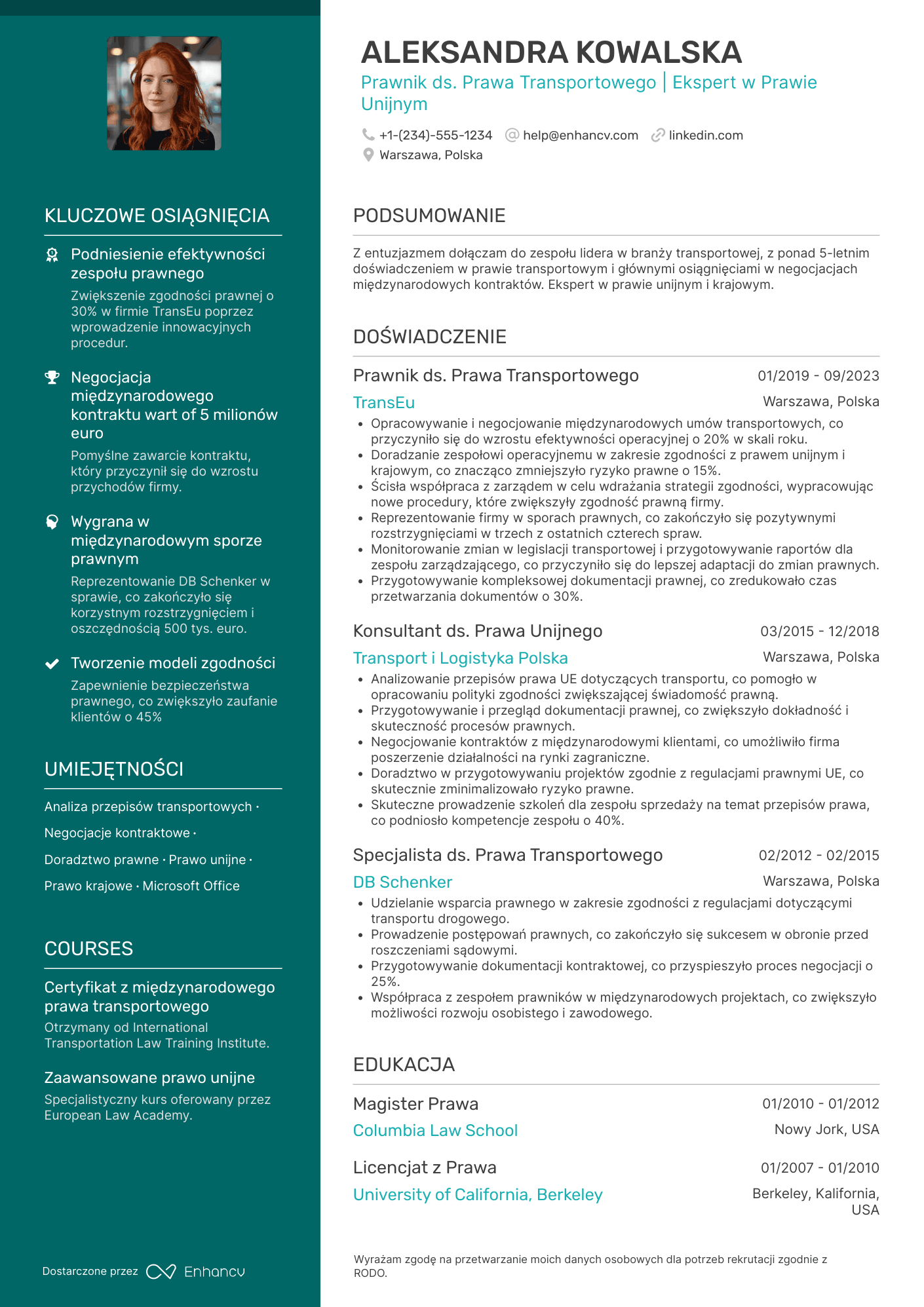 CV dla Prawnik ds. Prawa Transportowego Resume Example