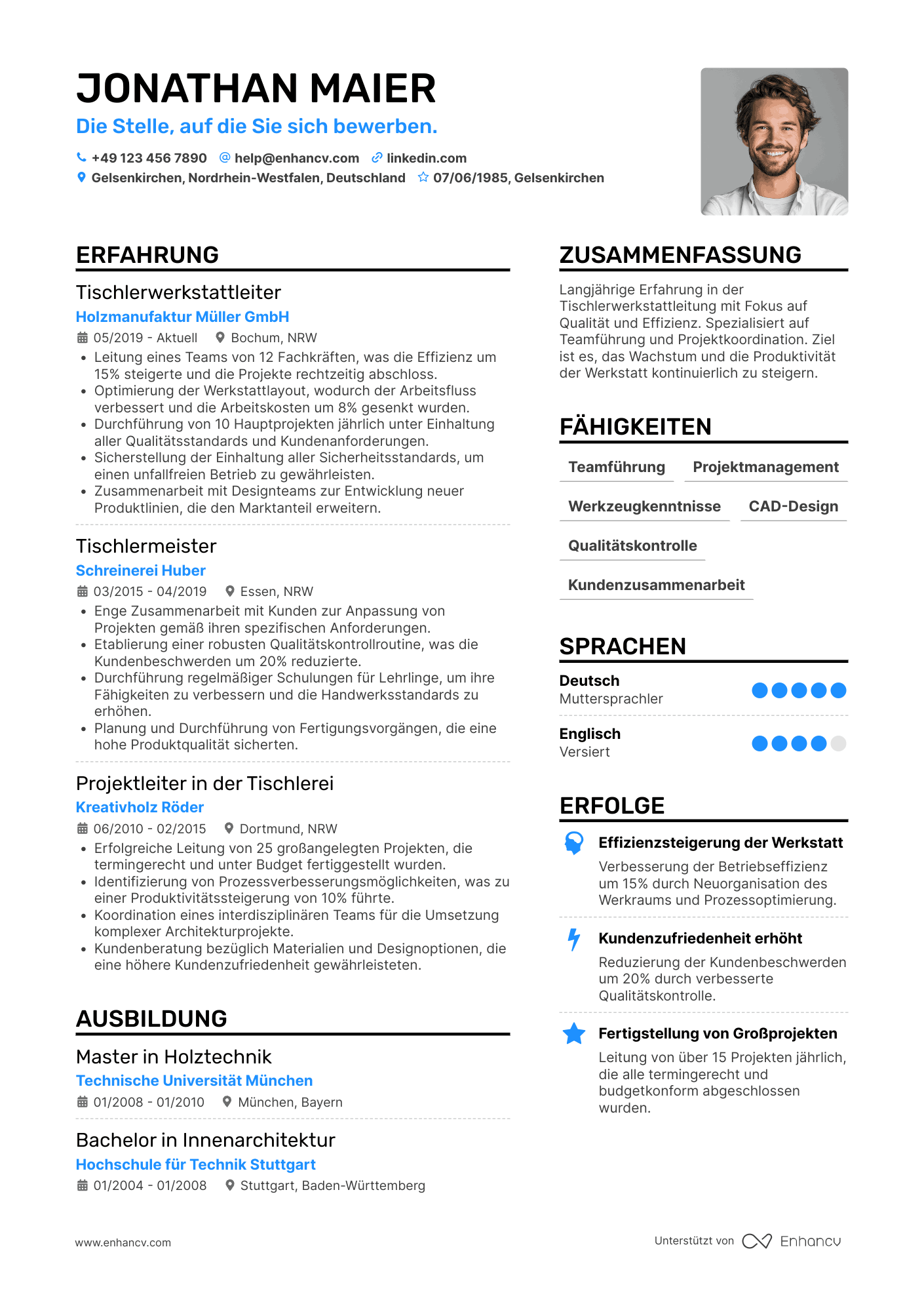 Lebenslauf als Tischlerwerkstattleiter Resume Example