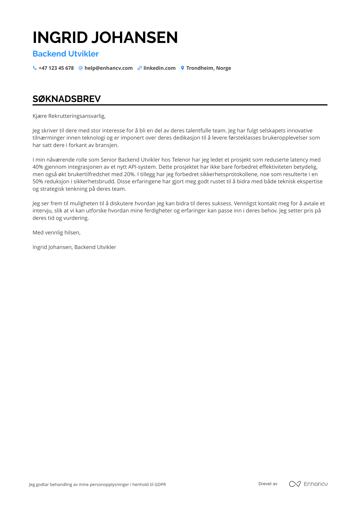 Søknadsbrev for Backend Webutvikler Resume Example