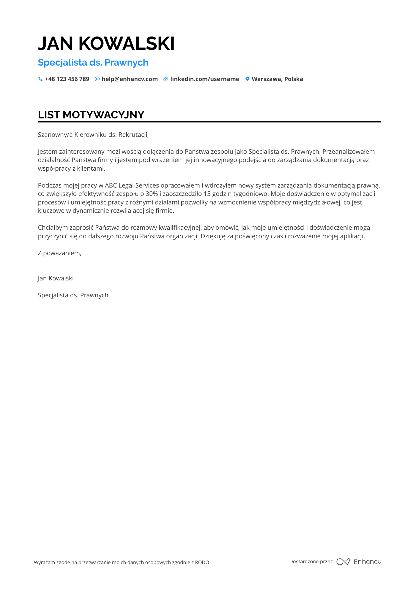 List motywacyjny dla Pracownik Biurowy ds. Prawnych Resume Example