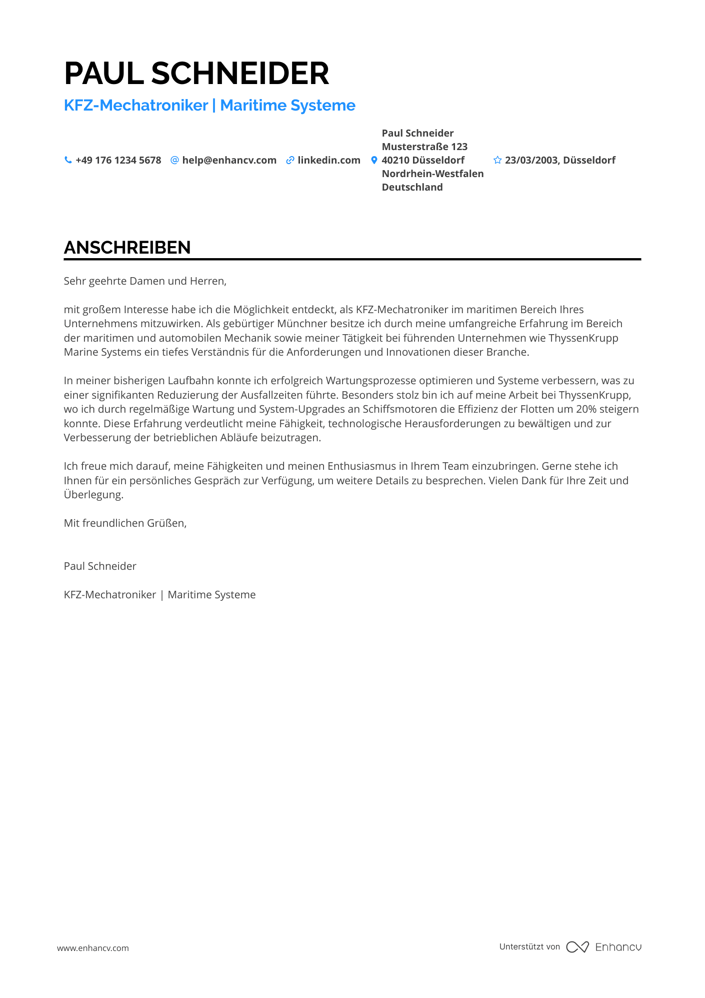 KFZ Mechatroniker in der Schifffahrt Resume Example