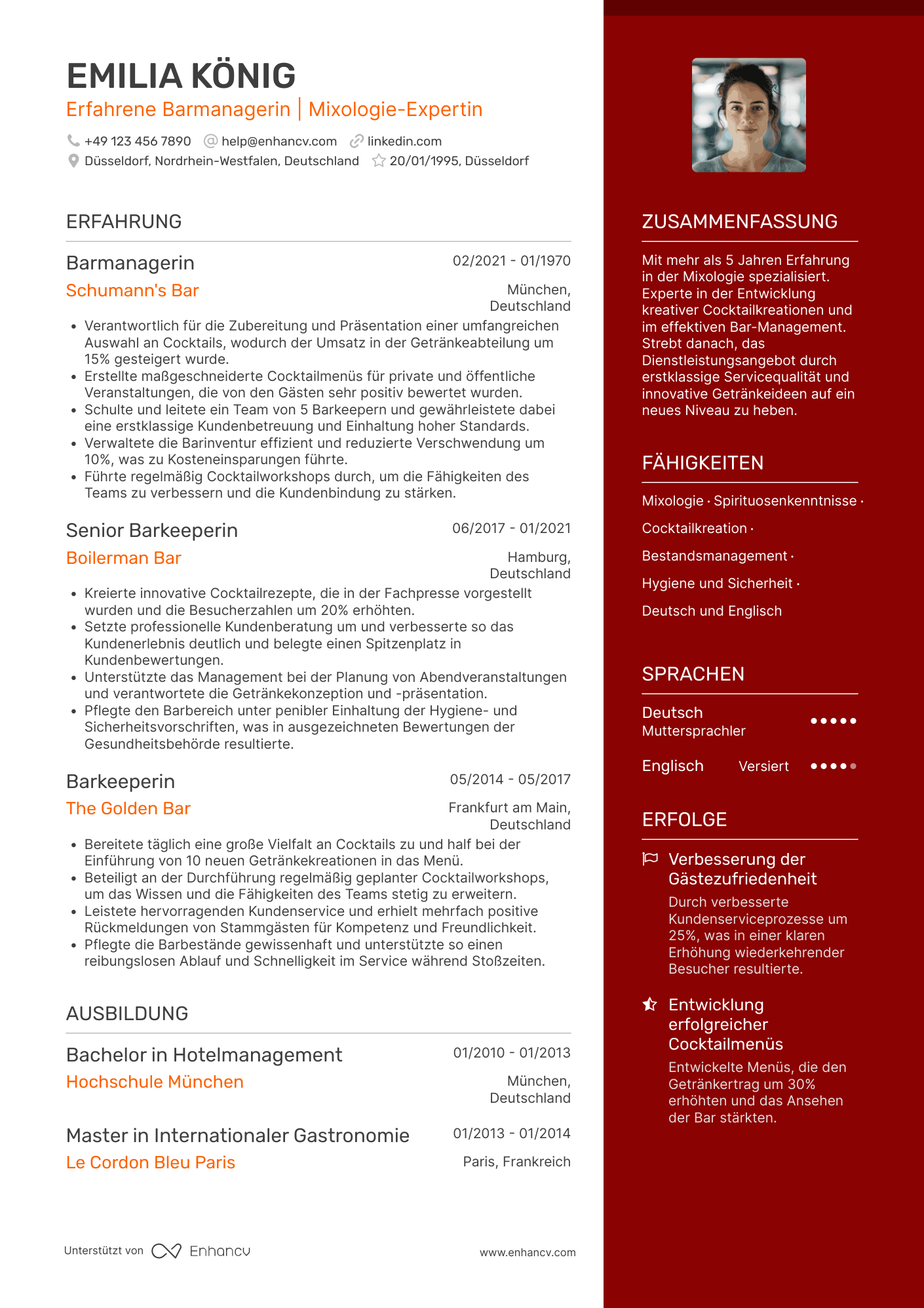 Lebenslauf als Barmann mit Spezialkenntnissen Resume Example