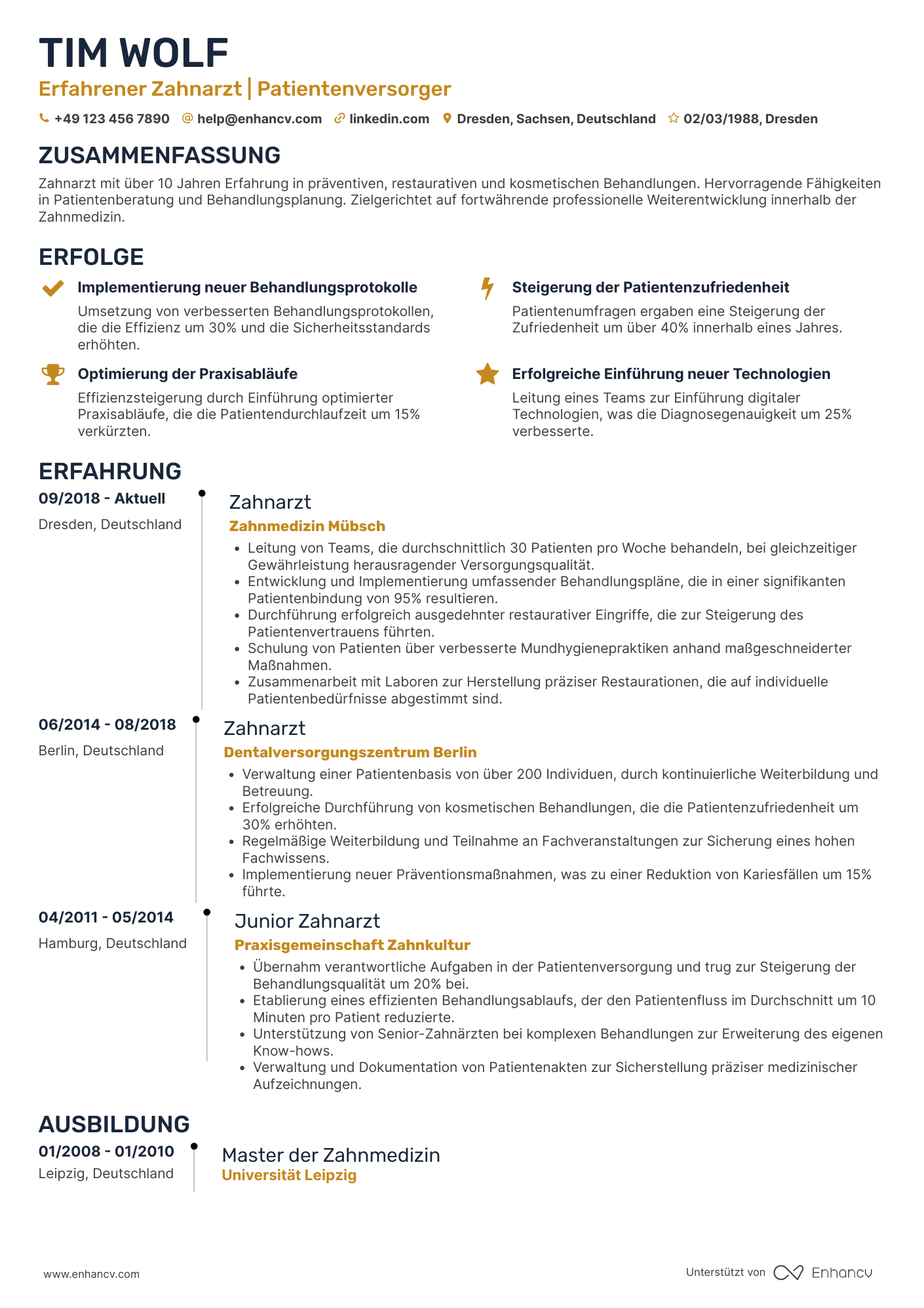 Lebenslauf als Zahnarzt mit Berufserfahrung Resume Example