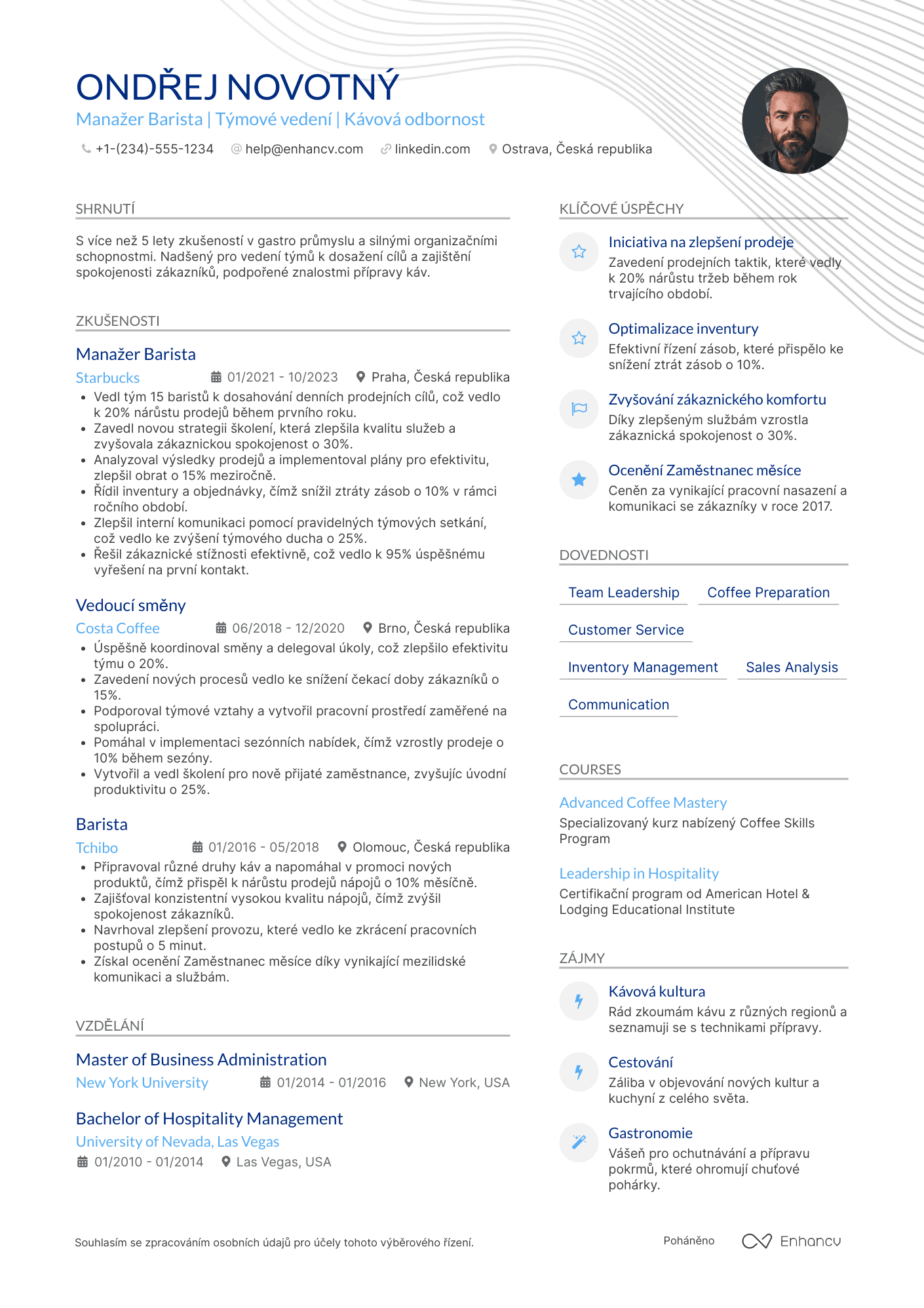 Životopis pro Manažer Barista Resume Example