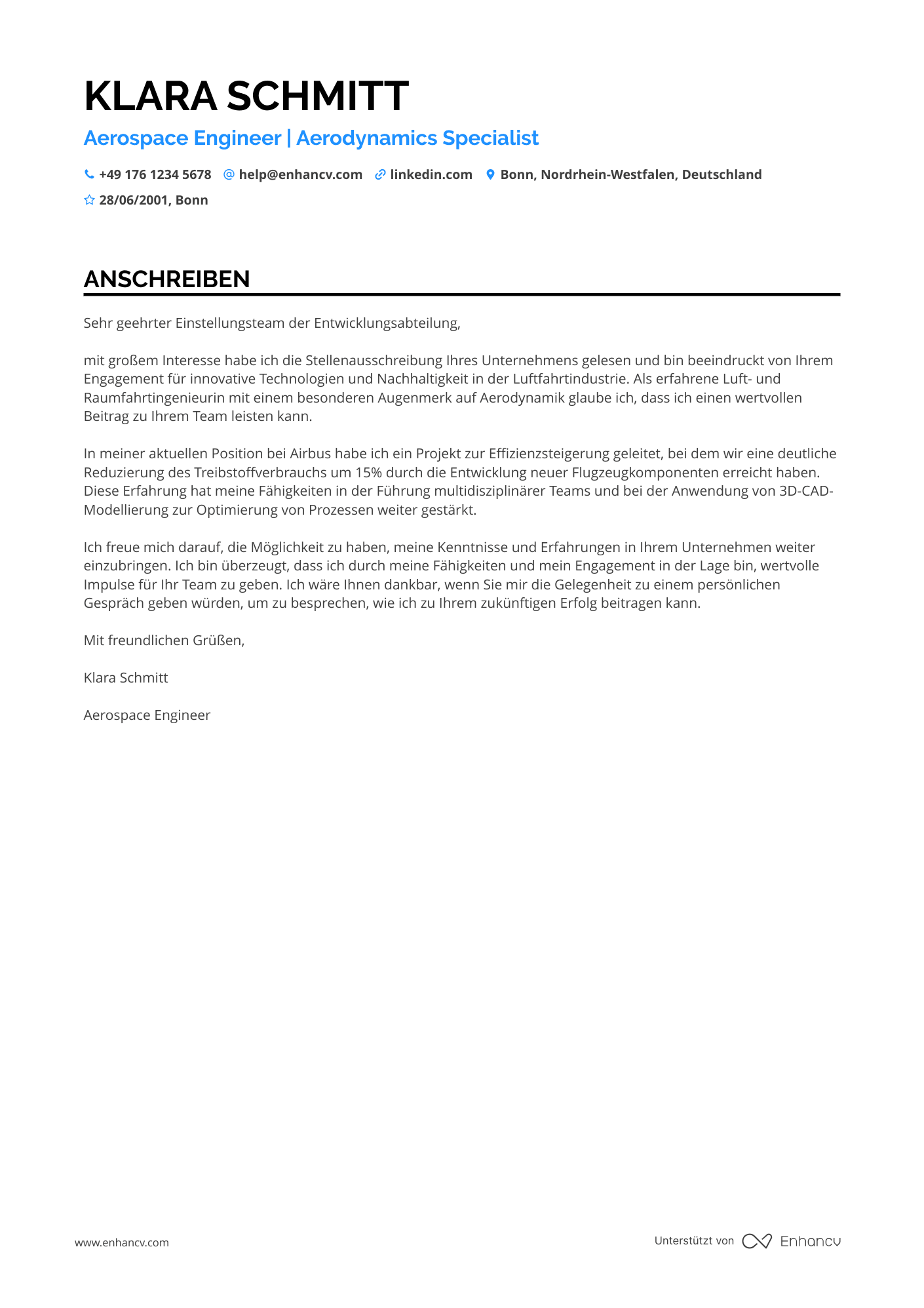 Ingenieur für Luft  und Raumfahrttechnik Resume Example