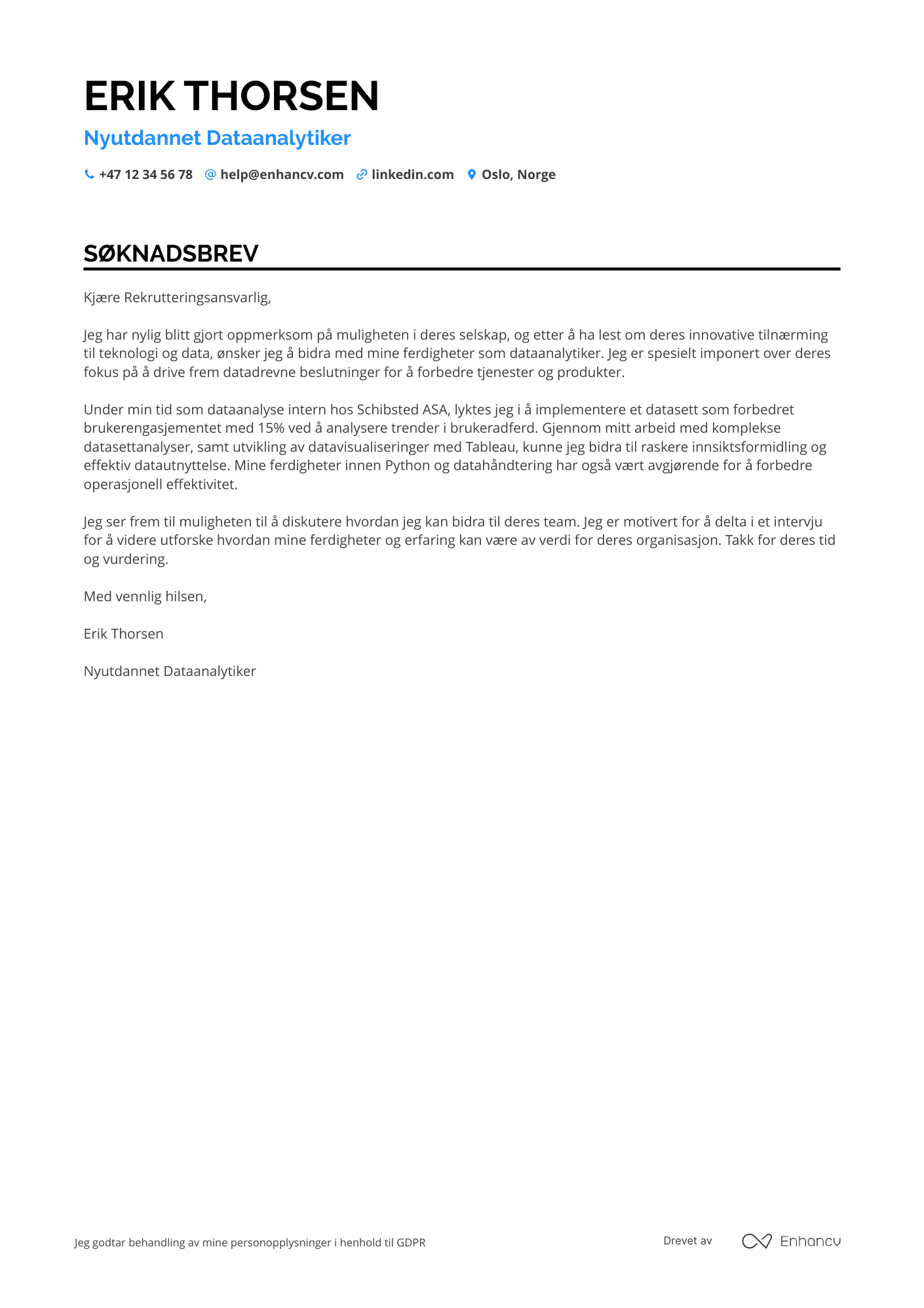 Søknadsbrev for Nyutdannet Dataanalytiker Resume Example