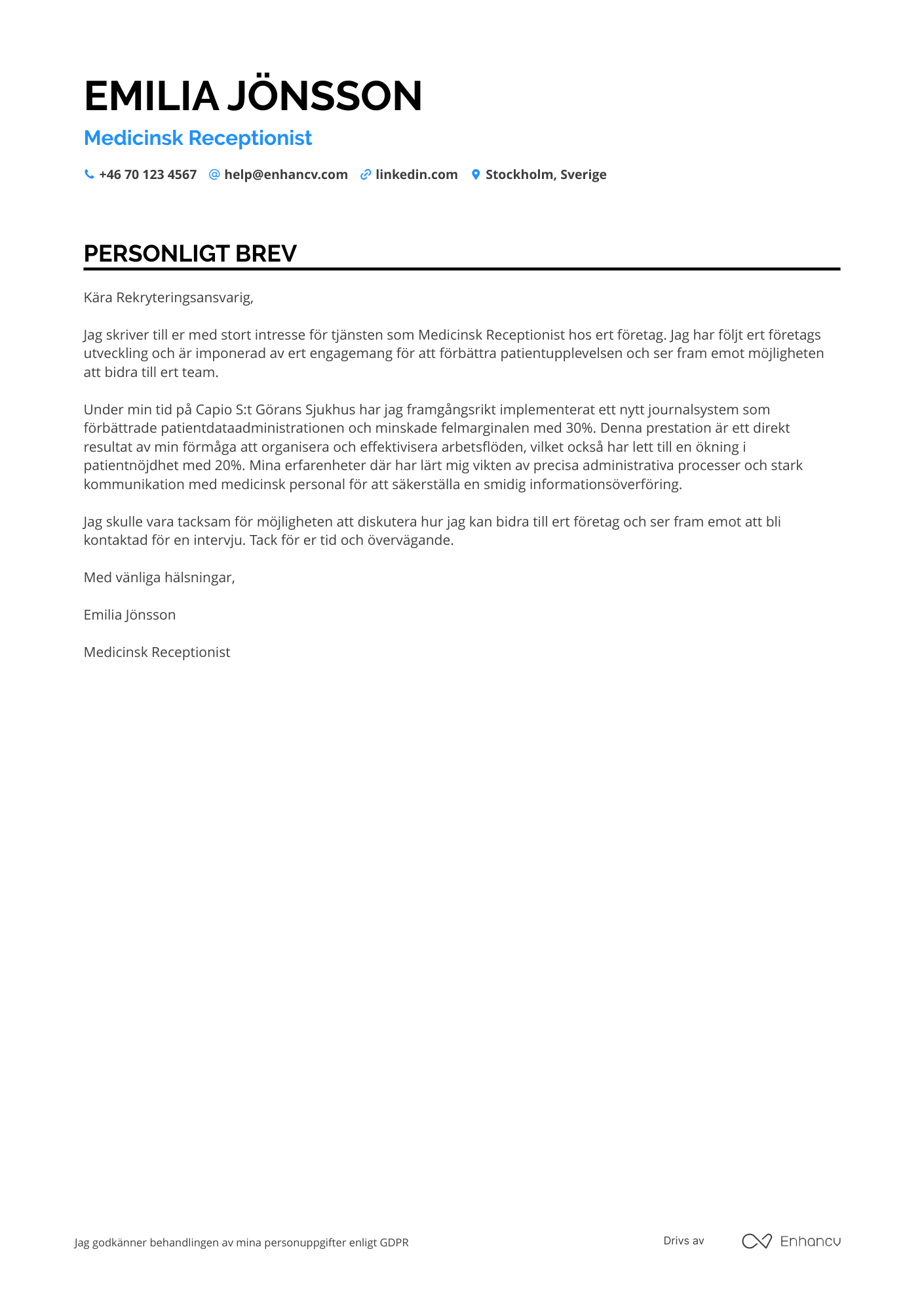 Personligt brev för Medical Receptionist Resume Example