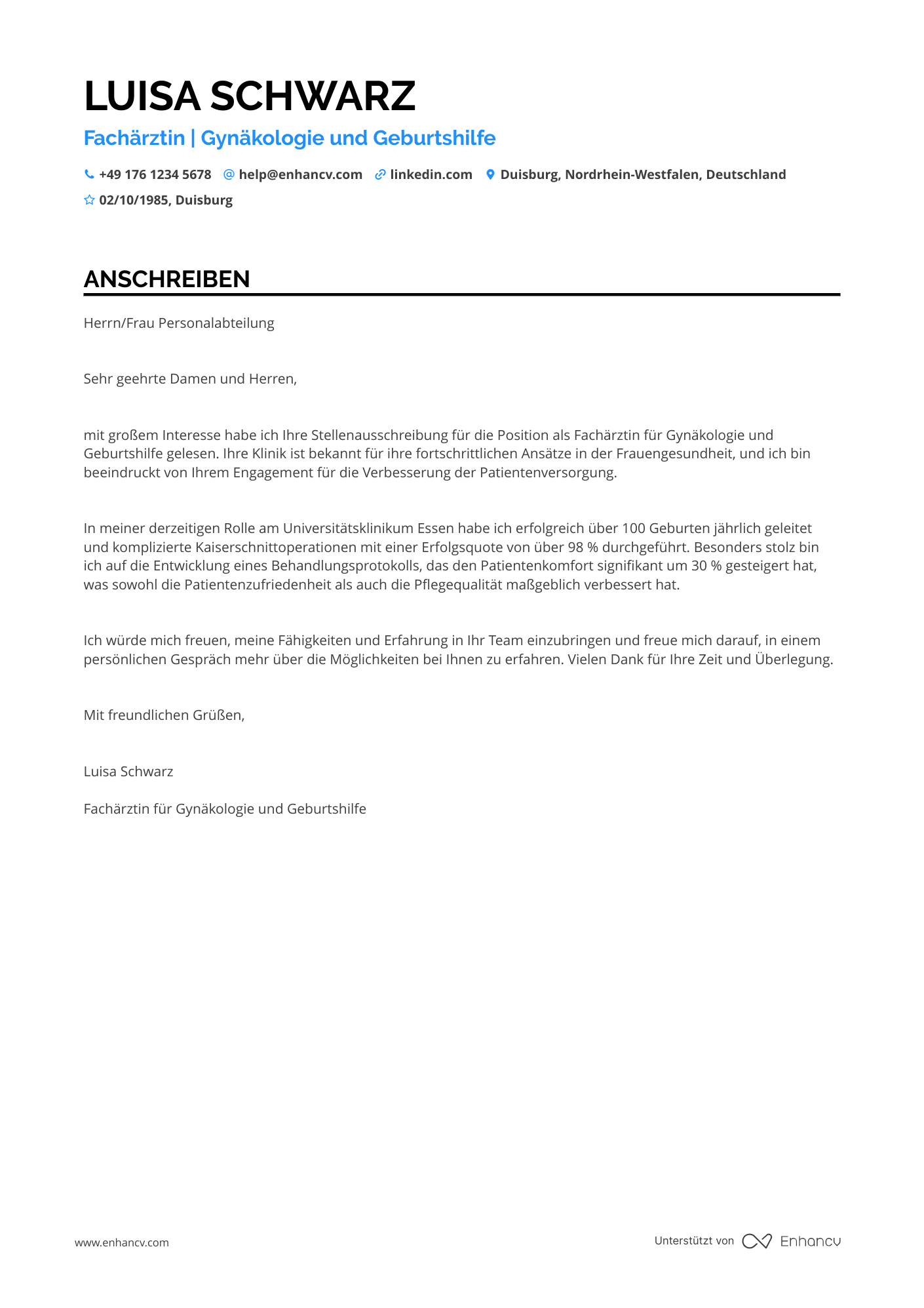 Arzt für Gynäkologie Resume Example