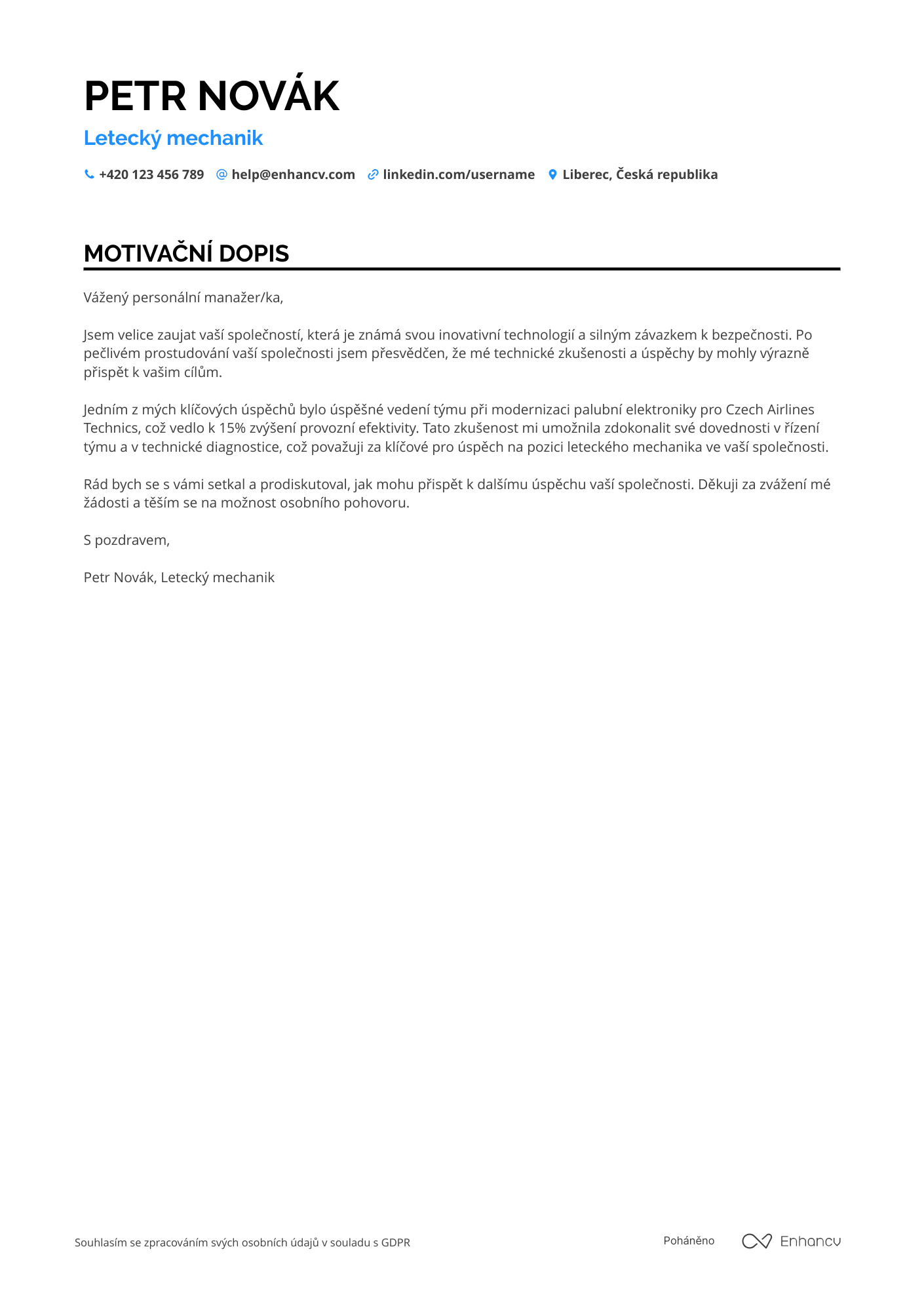 Motivační dopis pro Letecký mechanik Resume Example