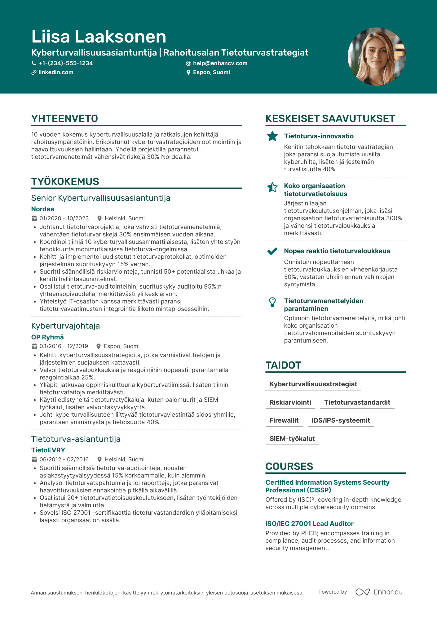 Ansioluettelo Rahoituksen kyberturvallisuusasiantuntija Resume Example