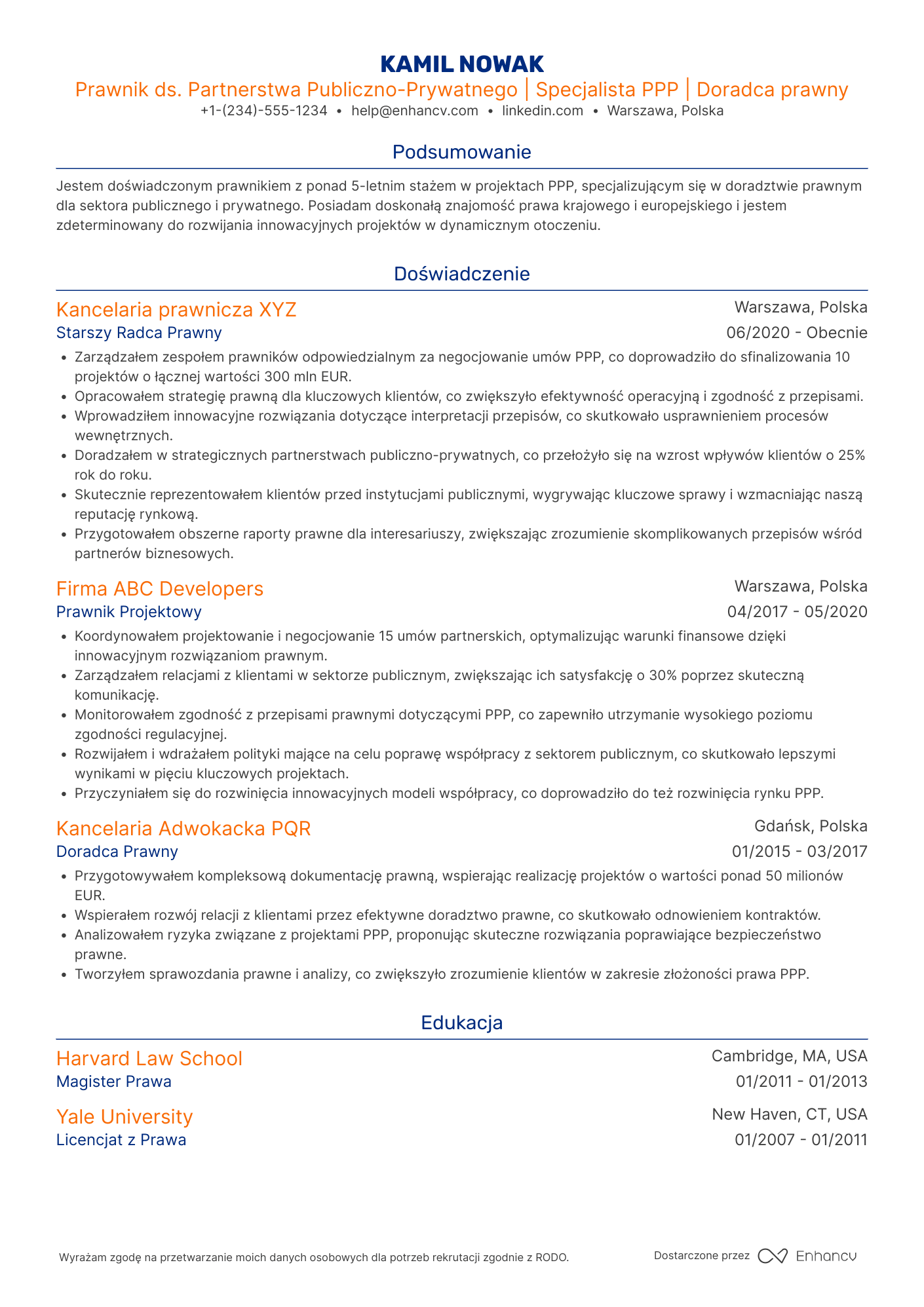 CV dla Prawnik ds. Partnerstwa Publiczno Prywatnego Resume Example