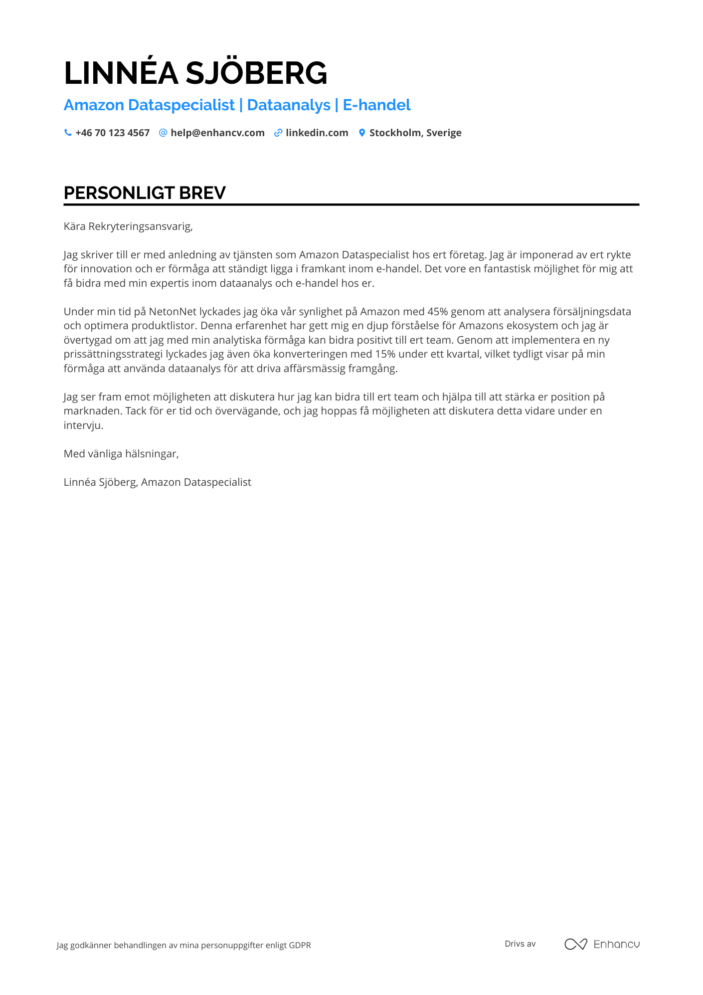 Personligt brev för Amazon Dataspecialist Resume Example