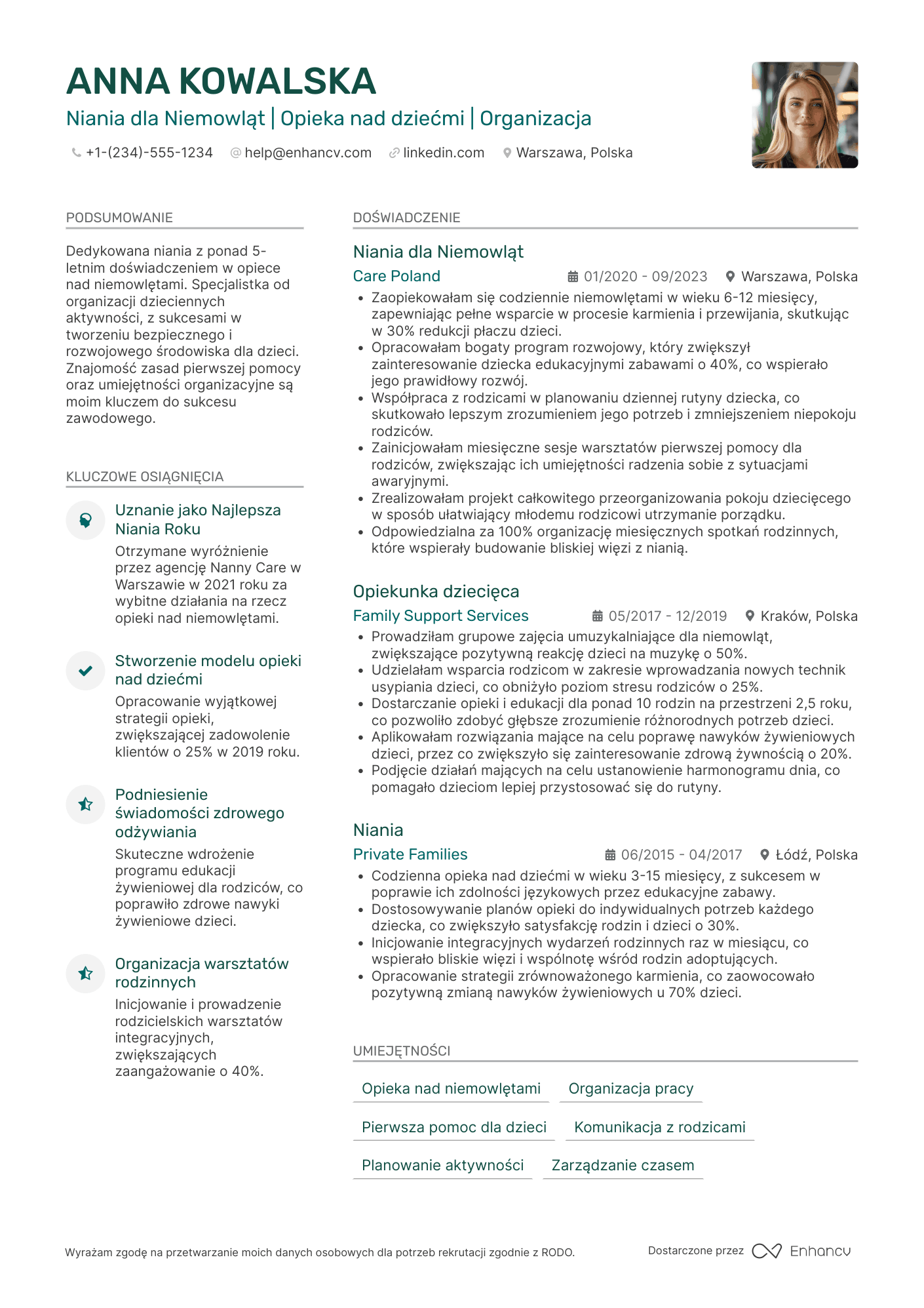 CV dla Niania dla Niemowląt Resume Example