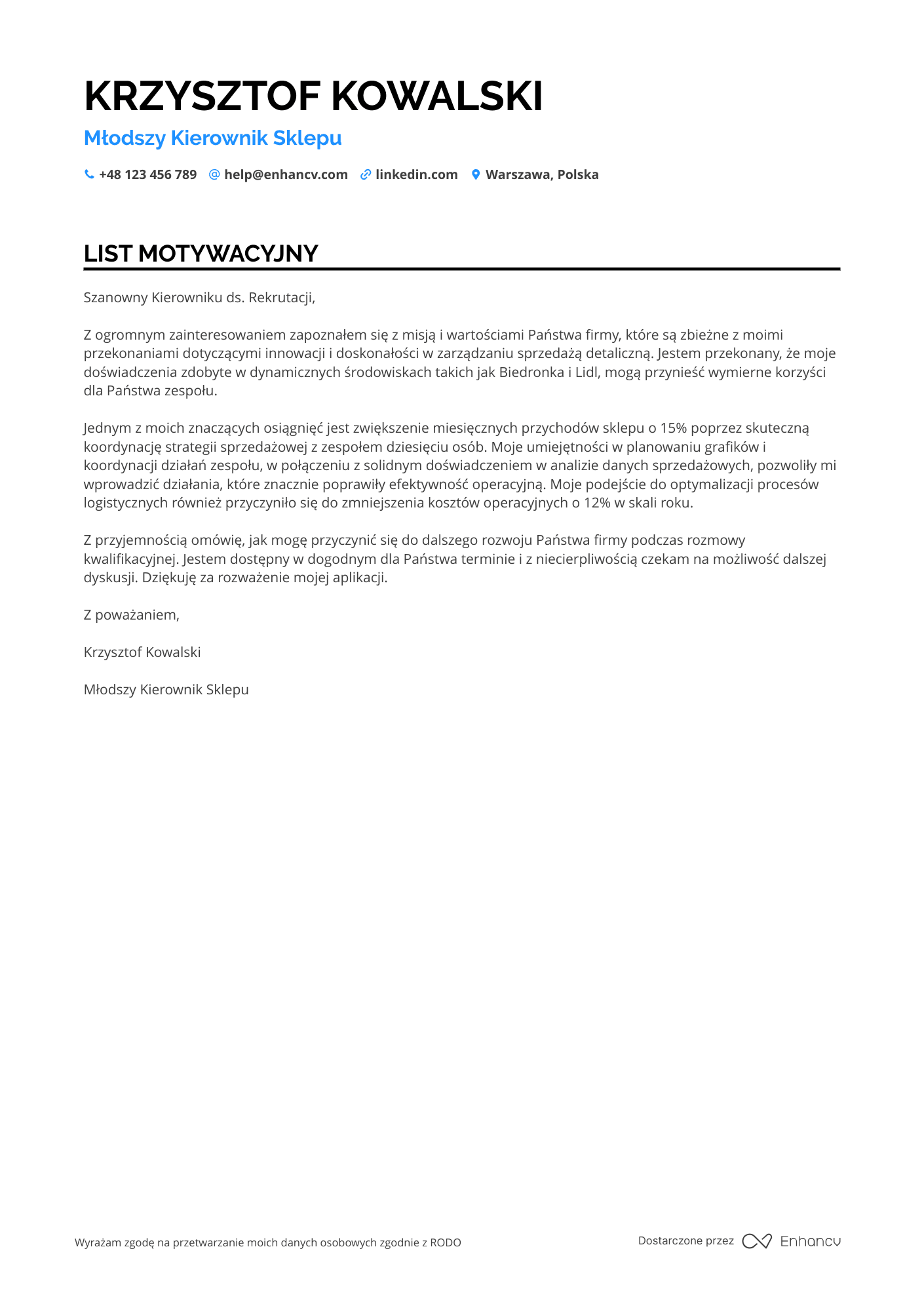 List motywacyjny dla Młodszy Kierownik Sklepu Resume Example