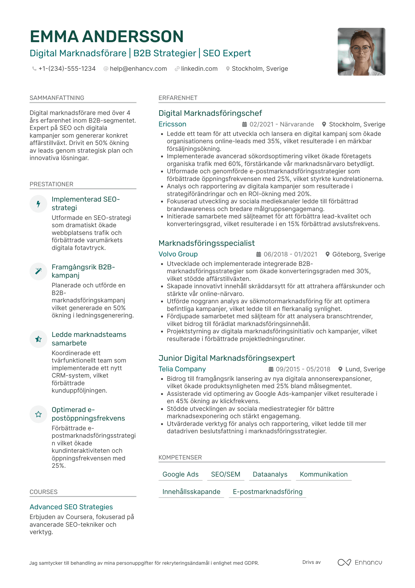 CV för Digital Marknadsförare inom B2B Resume Example