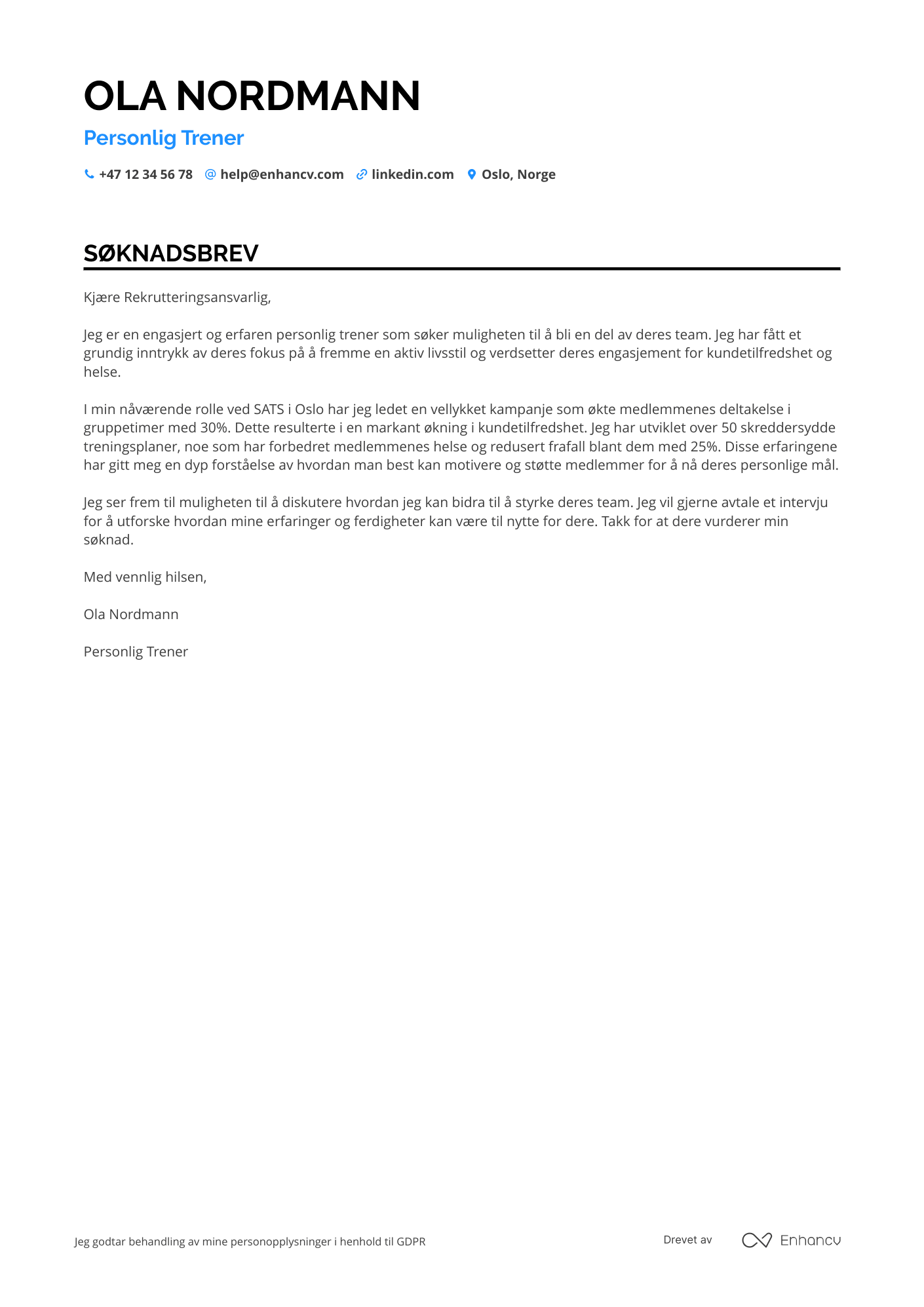 Søknadsbrev for Personlig trener i treningsstudio Resume Example