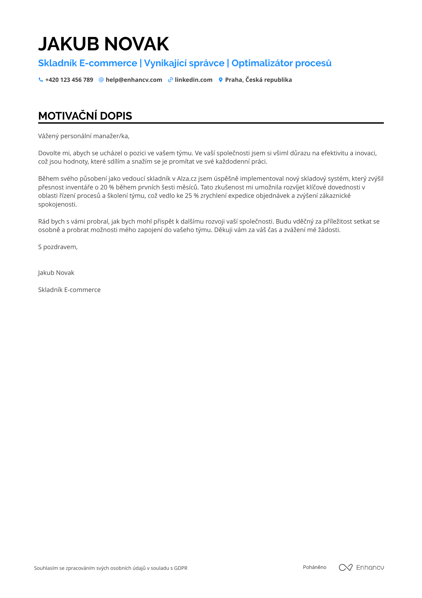 Motivační dopis pro Skladník E commerce Resume Example