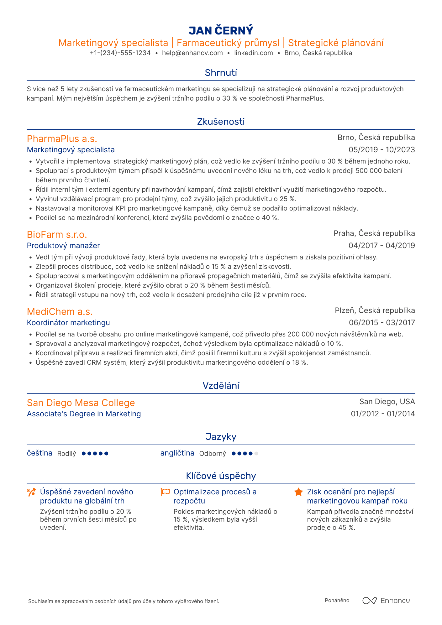 Životopis pro Specialista marketingu v farmaceutickém průmyslu Resume Example