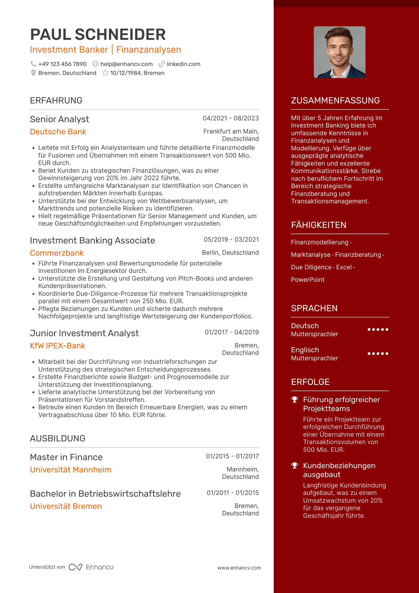 Lebenslauf als Bankkaufmann im Investment Banking Resume Example