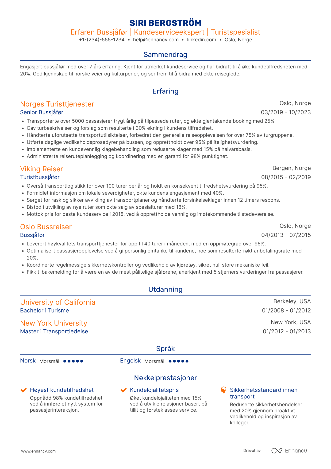 CV for Bussjåfør for turistturer Resume Example