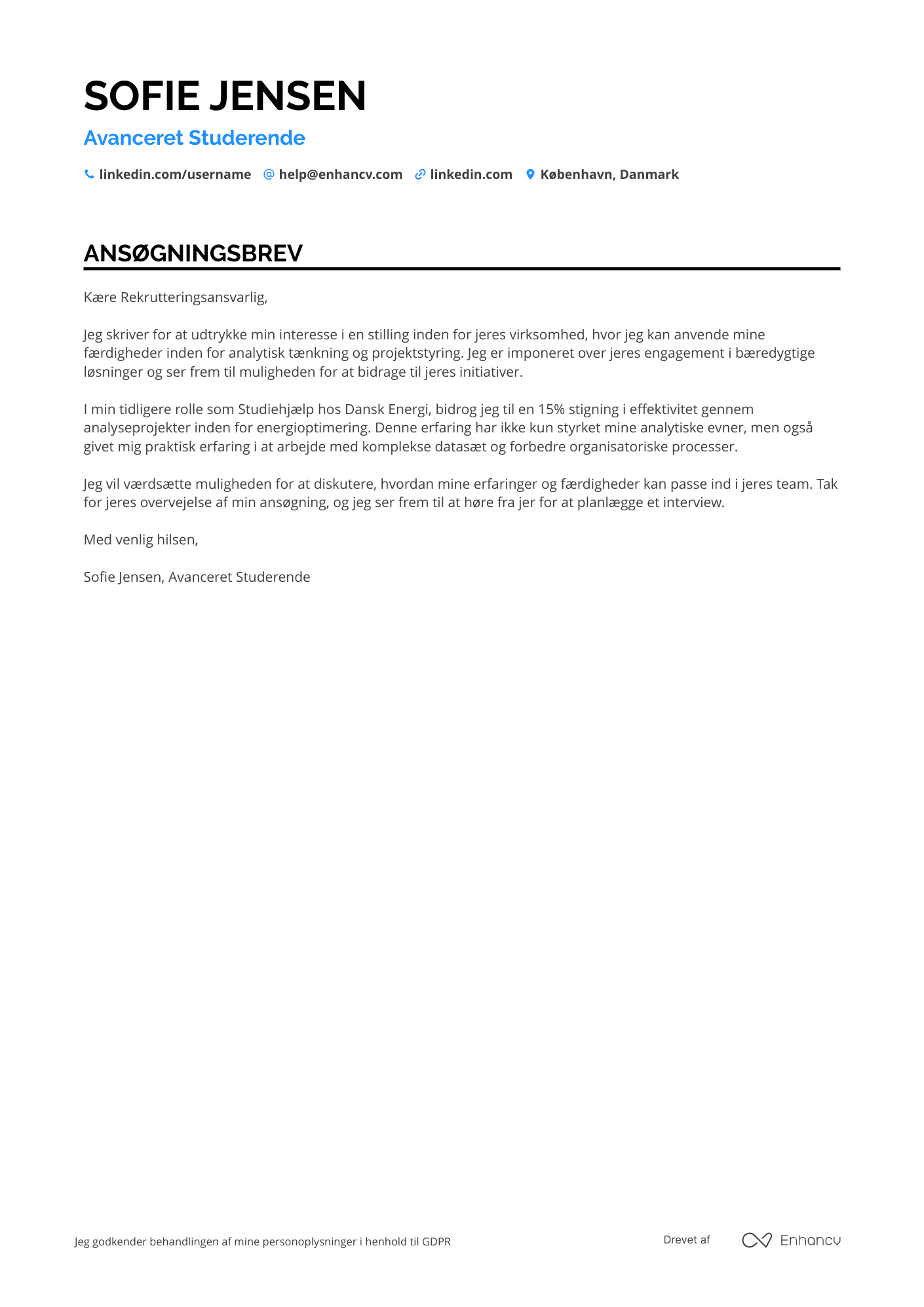 Ansøgningsbrev til Avanceret Studerende Resume Example