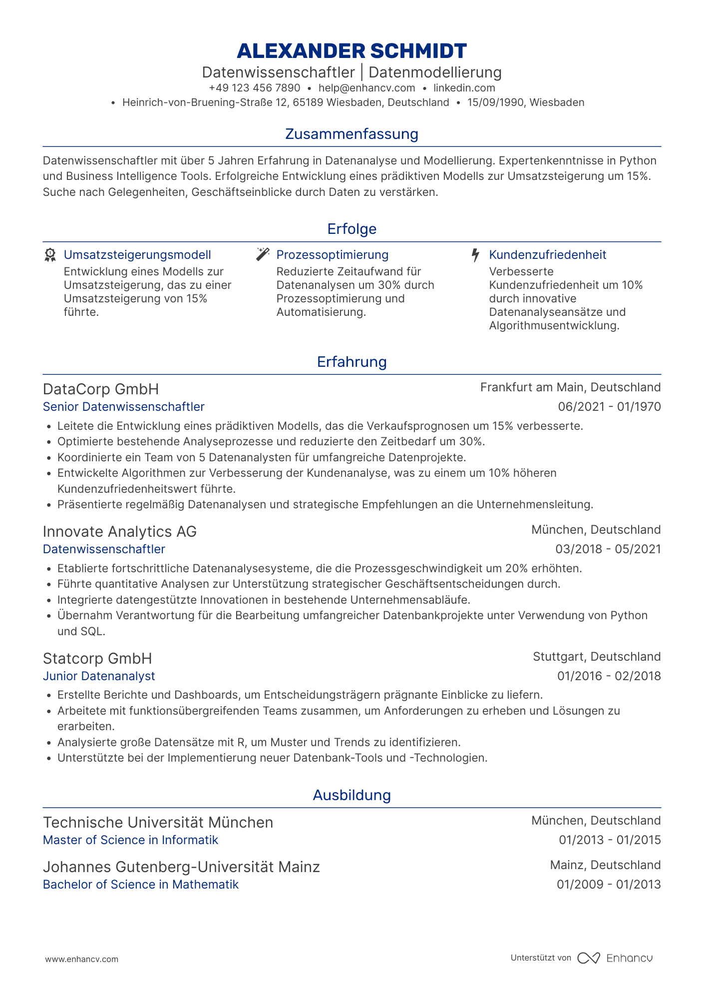 Lebenslauf als Datenwissenschaftler mit mittlerer Erfahrung Resume Example