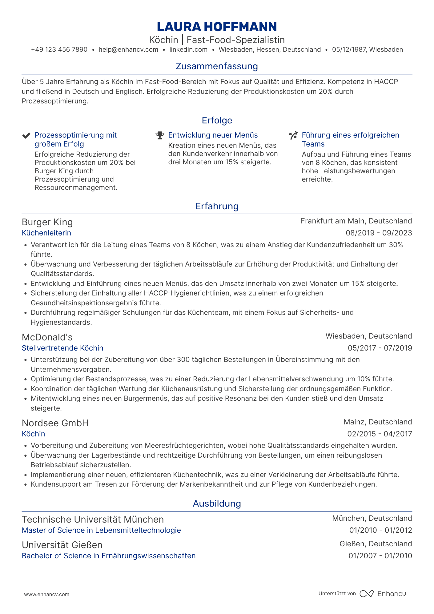 Lebenslauf als Koch in einem Fast Food Restaurant Resume Example