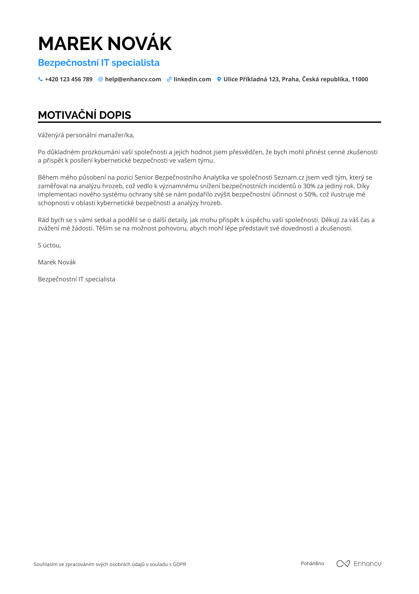 Motivační dopis pro Bezpečnostní IT specialista Resume Example