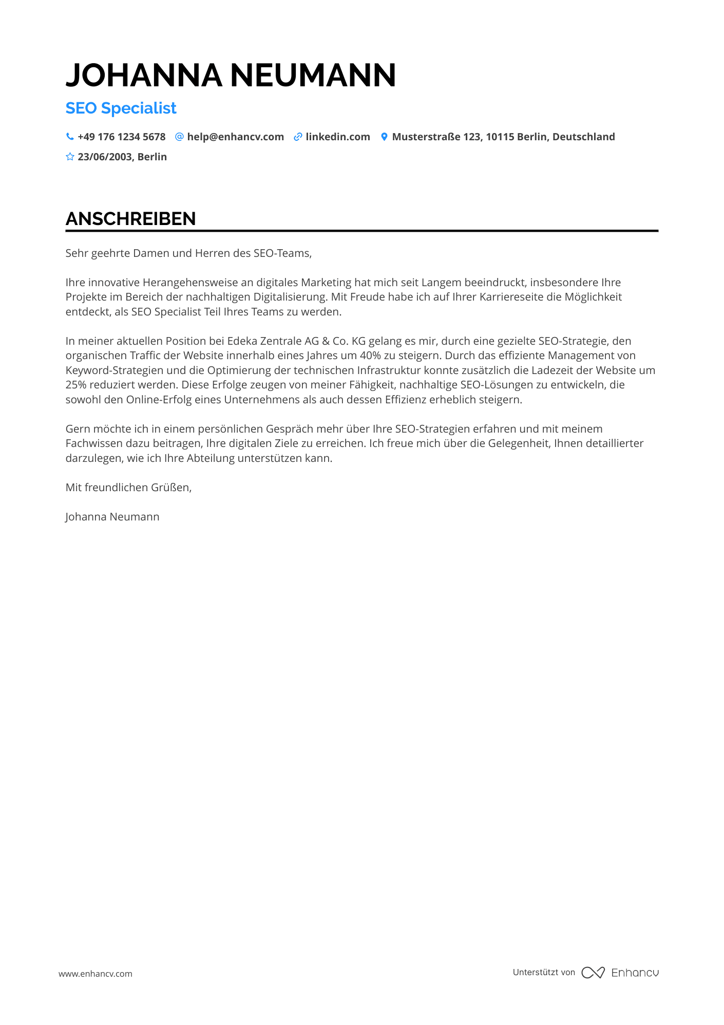 SEO Spezialist für die Lebensmittelindustrie Resume Example