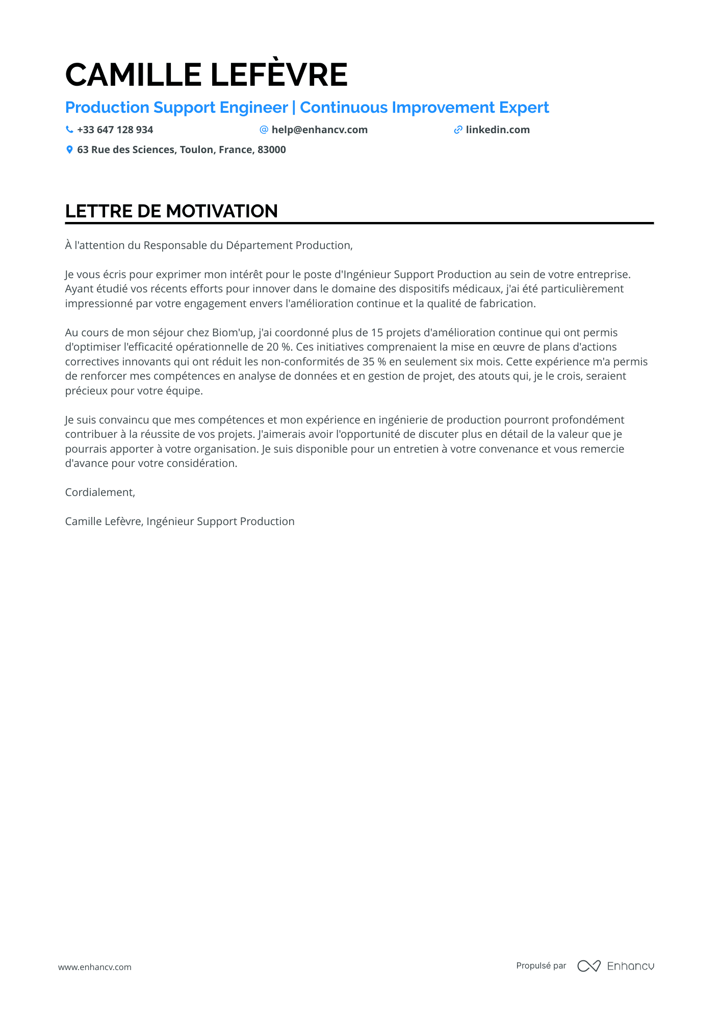 Ingénieur de Production Resume Example