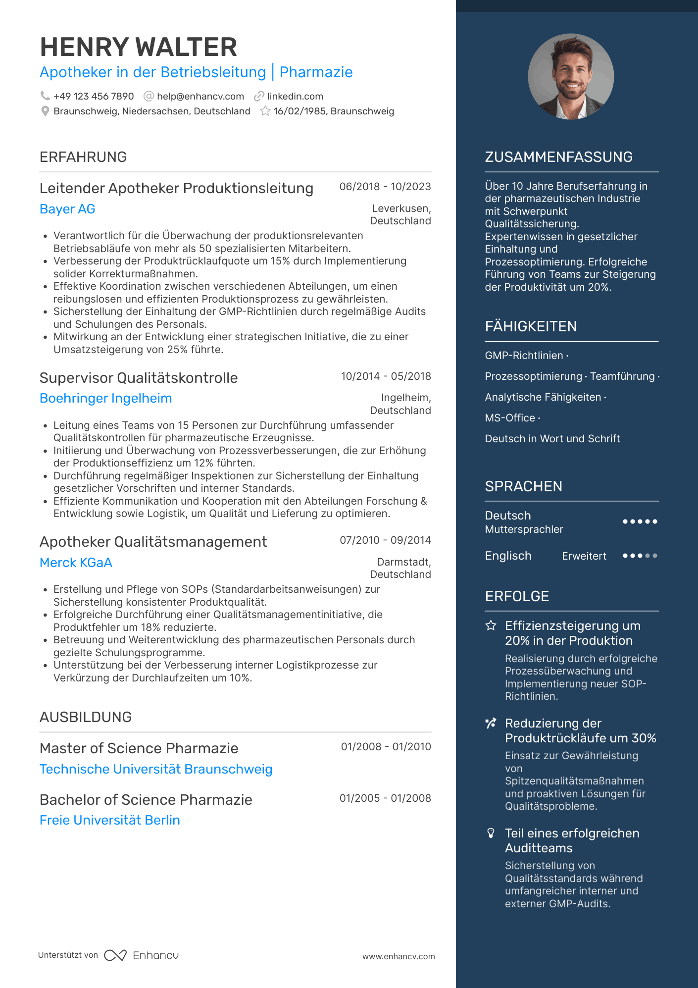 Lebenslauf als Apotheker in der Betriebsleitung Resume Example