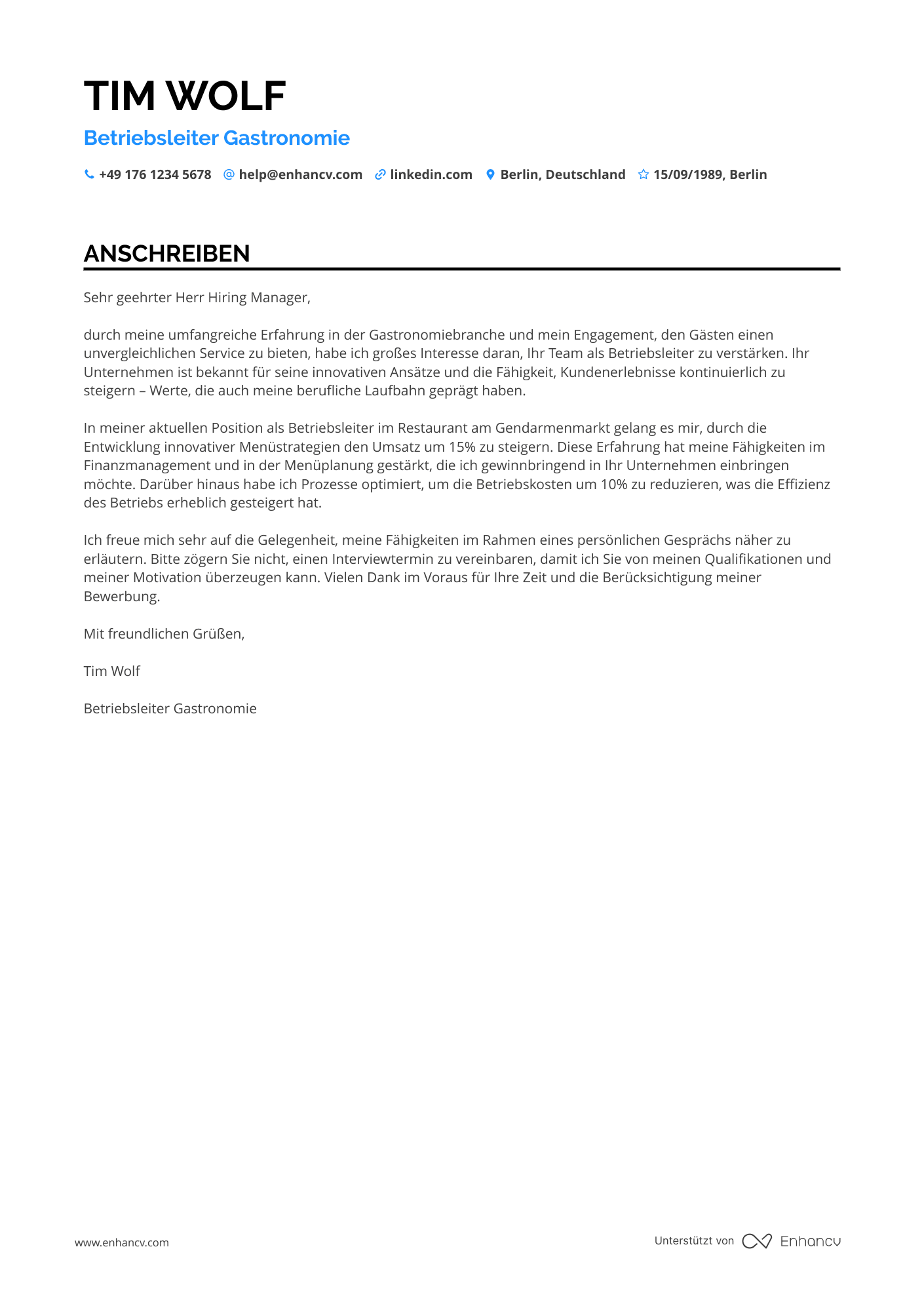 Gastronomie Betriebsleiter Resume Example