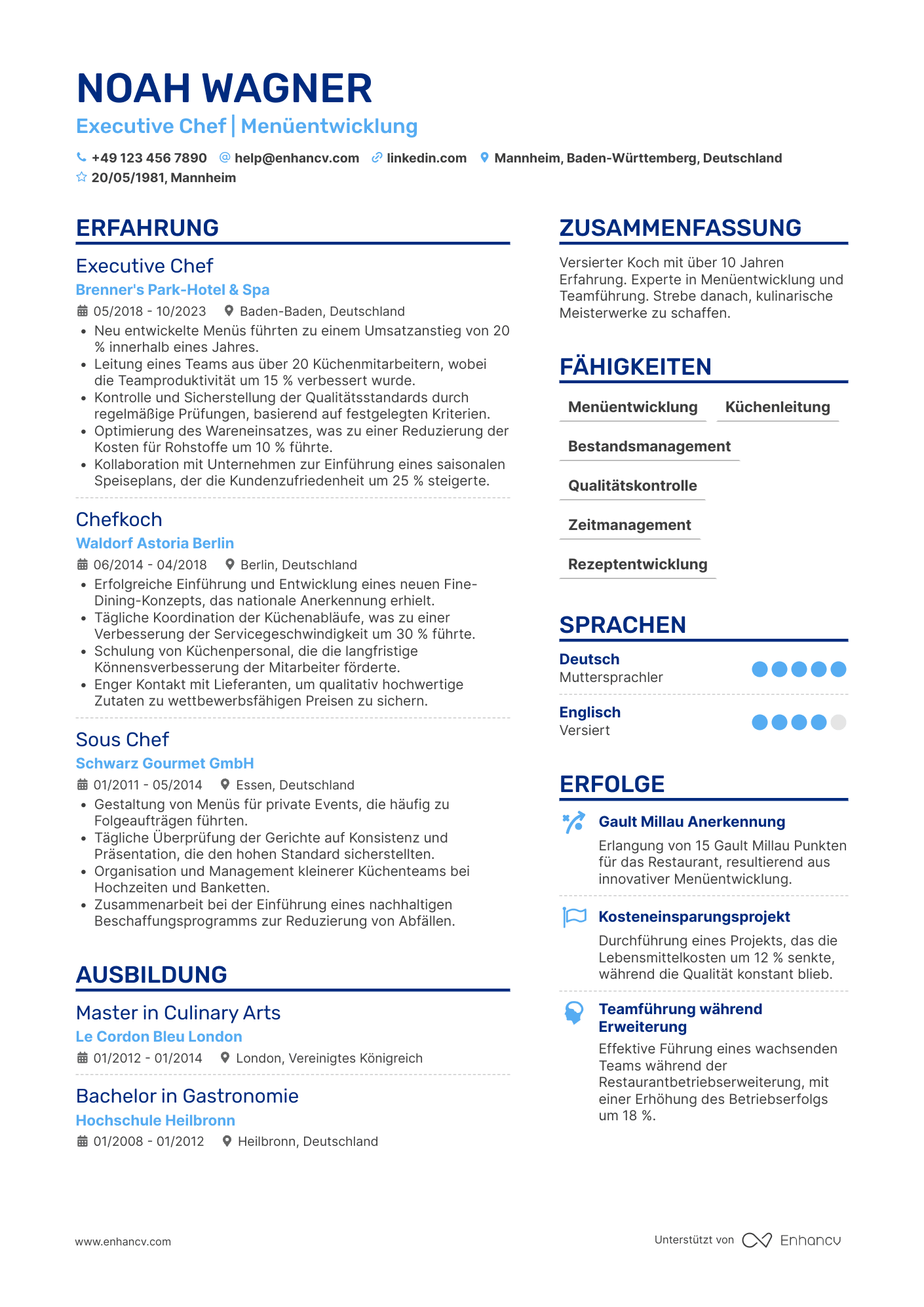 Lebenslauf als Executive Koch Resume Example