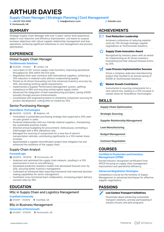 Supply Chain Manager CV example