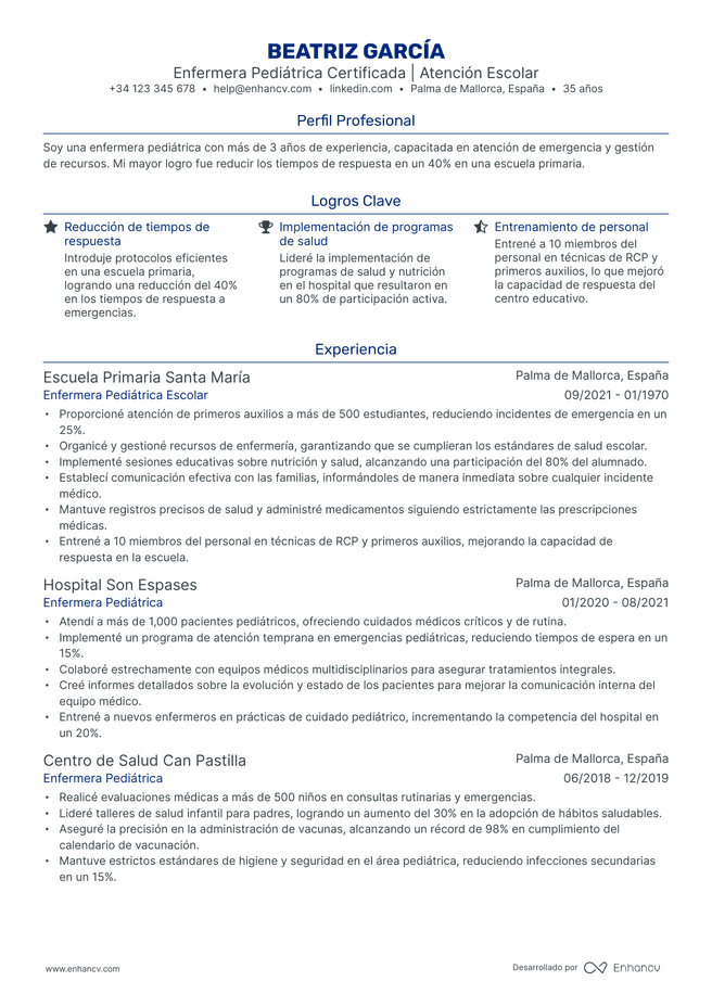 ejemplo de CV de Enfermera de Pediatria