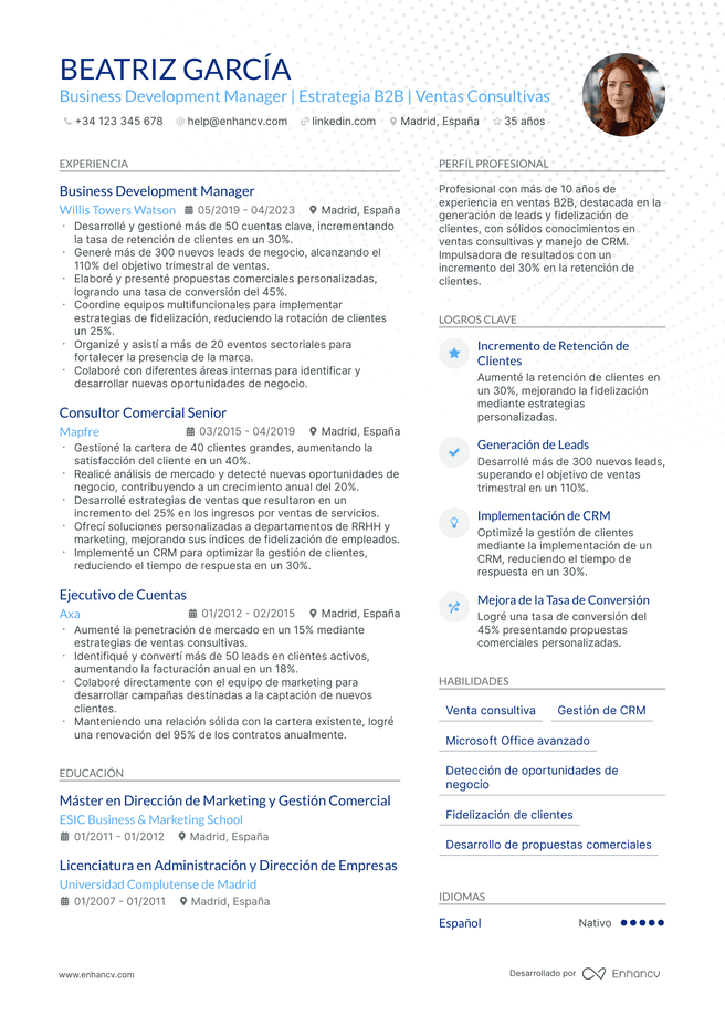 ejemplo de CV de Gerente de Desarrollo de Negocios